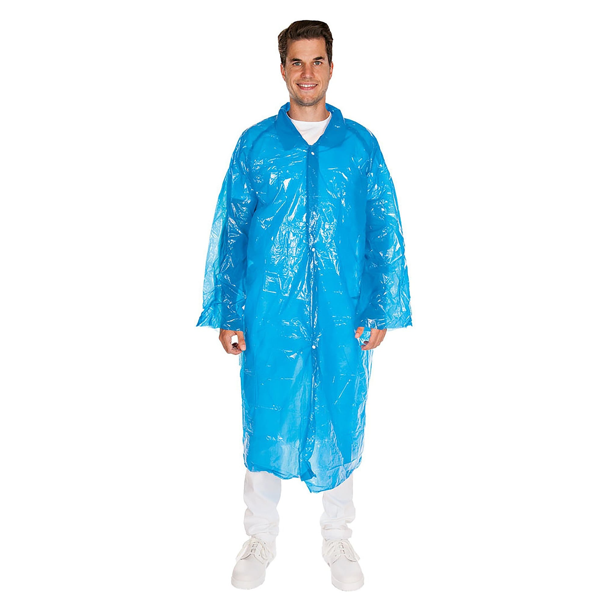 PE-Besucherkittel 20 µm, wasserdicht, Druckknopfleiste, 120 cm lang, einzeln verpackt, blau, Einheitsgröße - Franz Mensch 27326