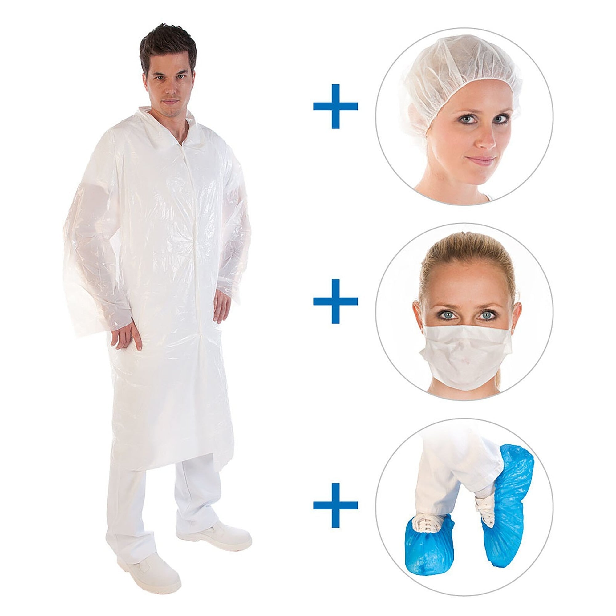 Visitor kit Hygostar PE with gown, bouffant cap, face mask and CPE overshoes, 4 parts - Franz Mensch 2735