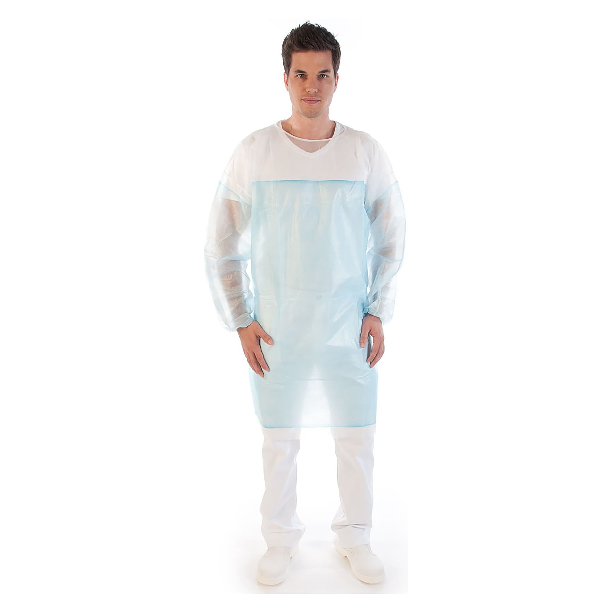 Gown Hygostar Duo long, PP with welded-on PE sleeves and PE apron, white/blue, size 3XL - Franz Mensch 27916