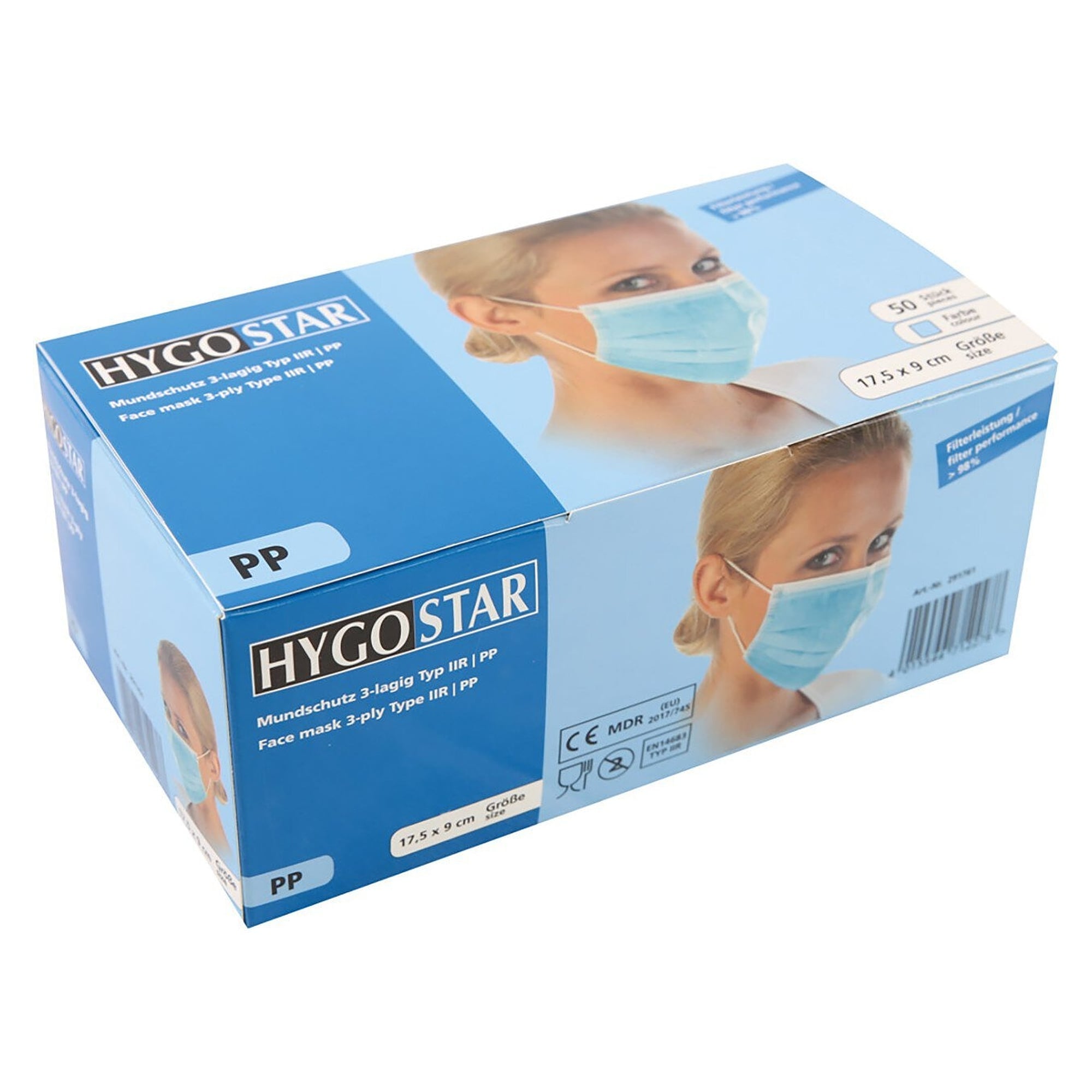 Hygostar type IIR face mask, 3-ply PP nonwoven, blue, ear loops, nose clip, pack of 50 - Franz Mensch 291761