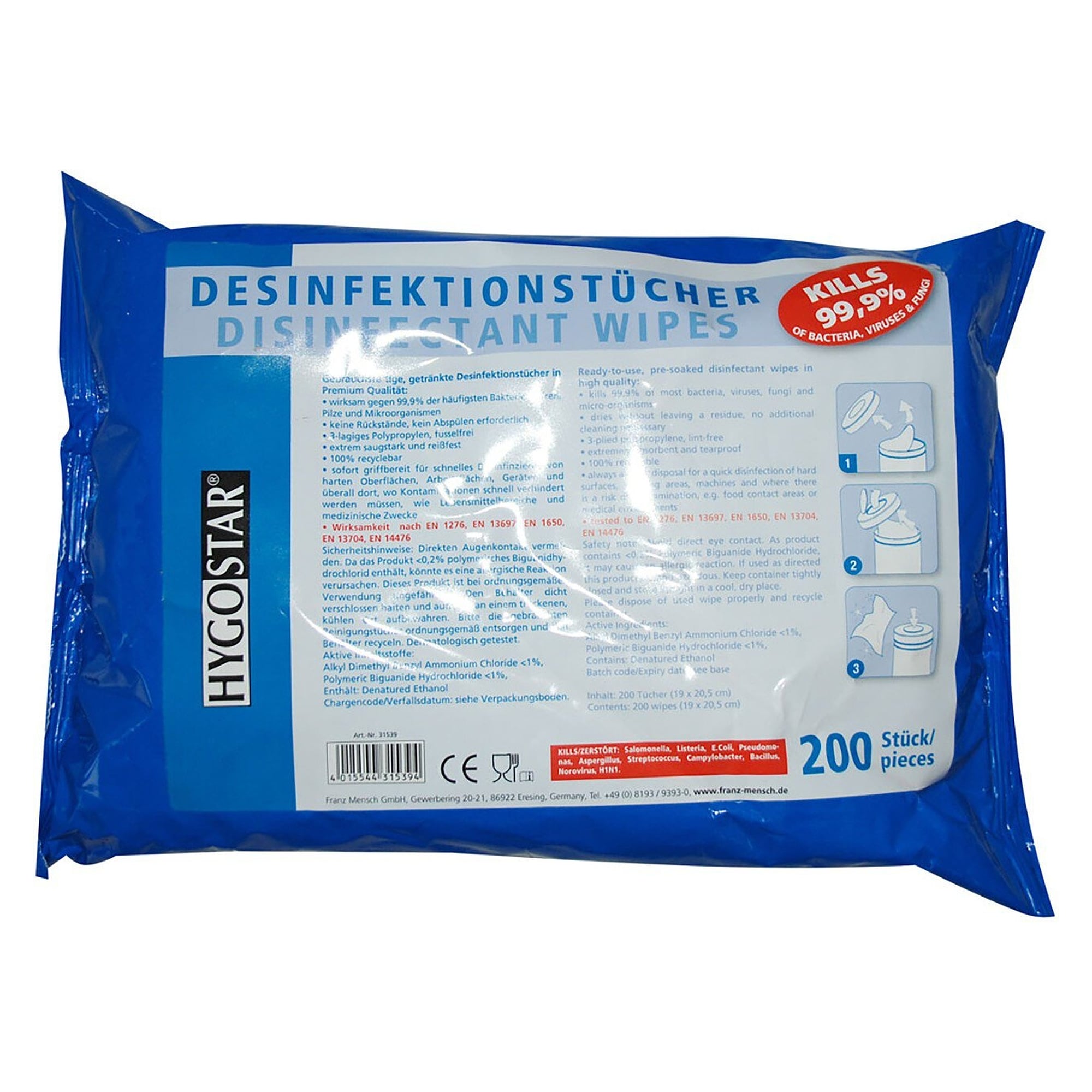 Nachfüllpack Desinfektionstücher für Spender 31536, blau, PP, VOC-arm, 200 Stück - Franz Mensch 31539