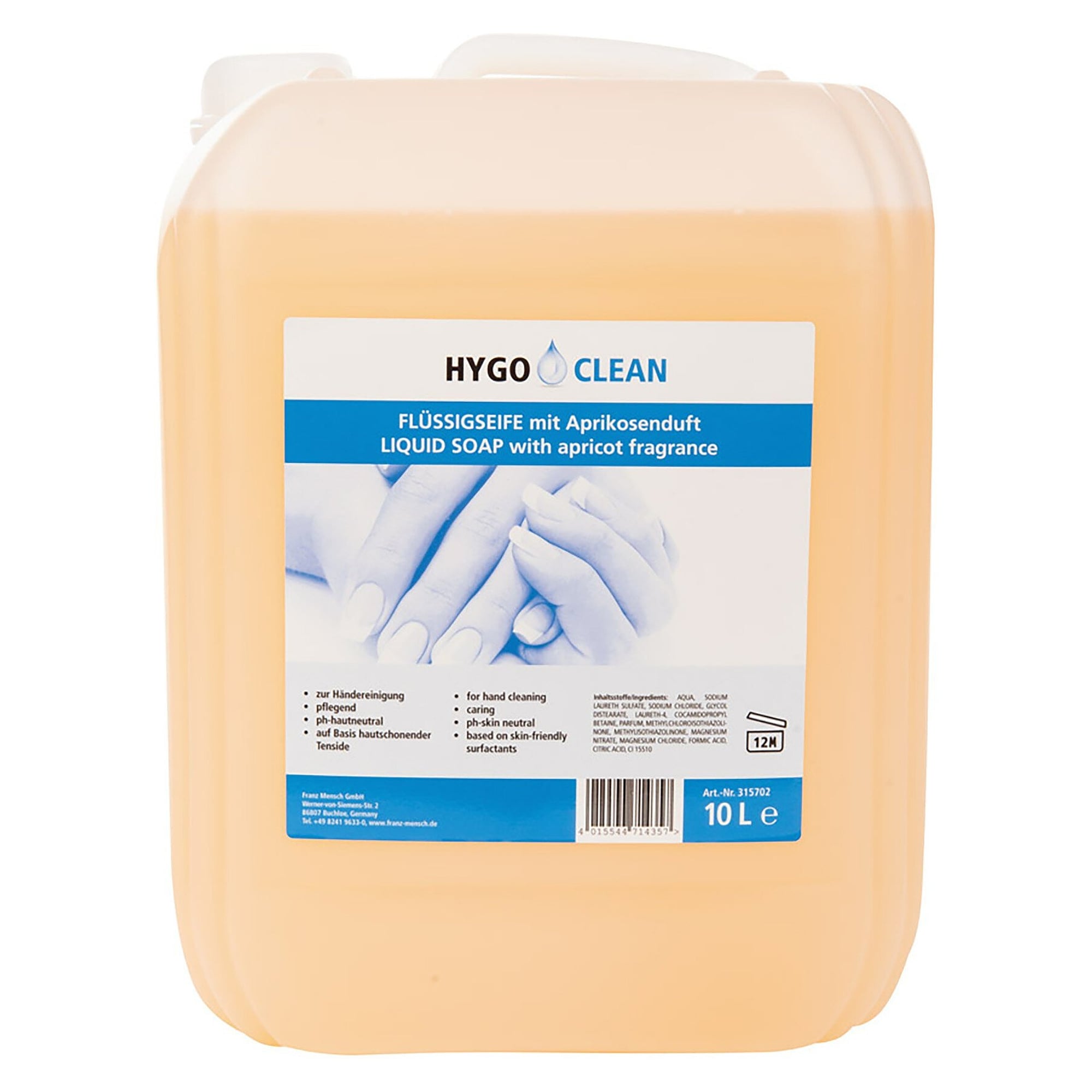 Savon liquide pour les mains, pH neutre pour la peau, soignant, parfum abricot, bidon de 10 l - Franz Mensch 315702