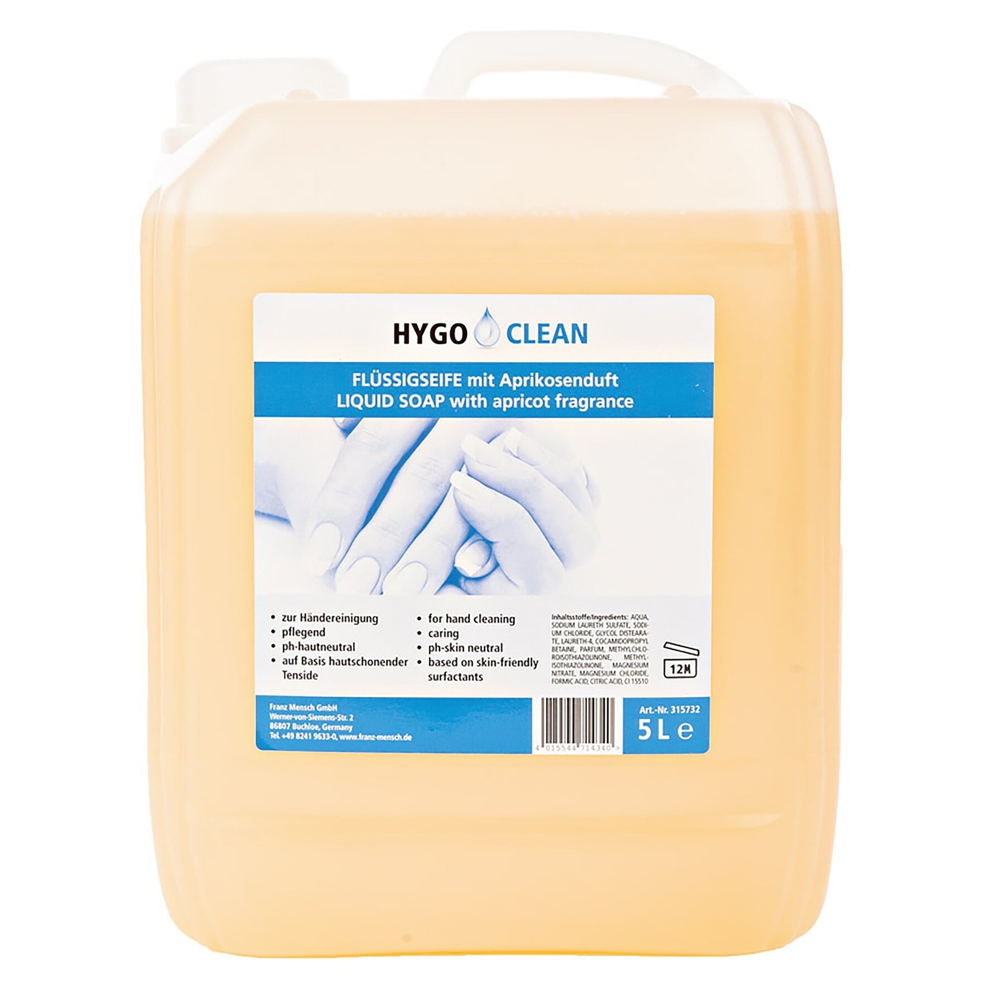Flüssigseife zur Händereinigung, pH-hautneutral, pflegend, Duft Aprikose, 5 l Kanister - Franz Mensch 315732
