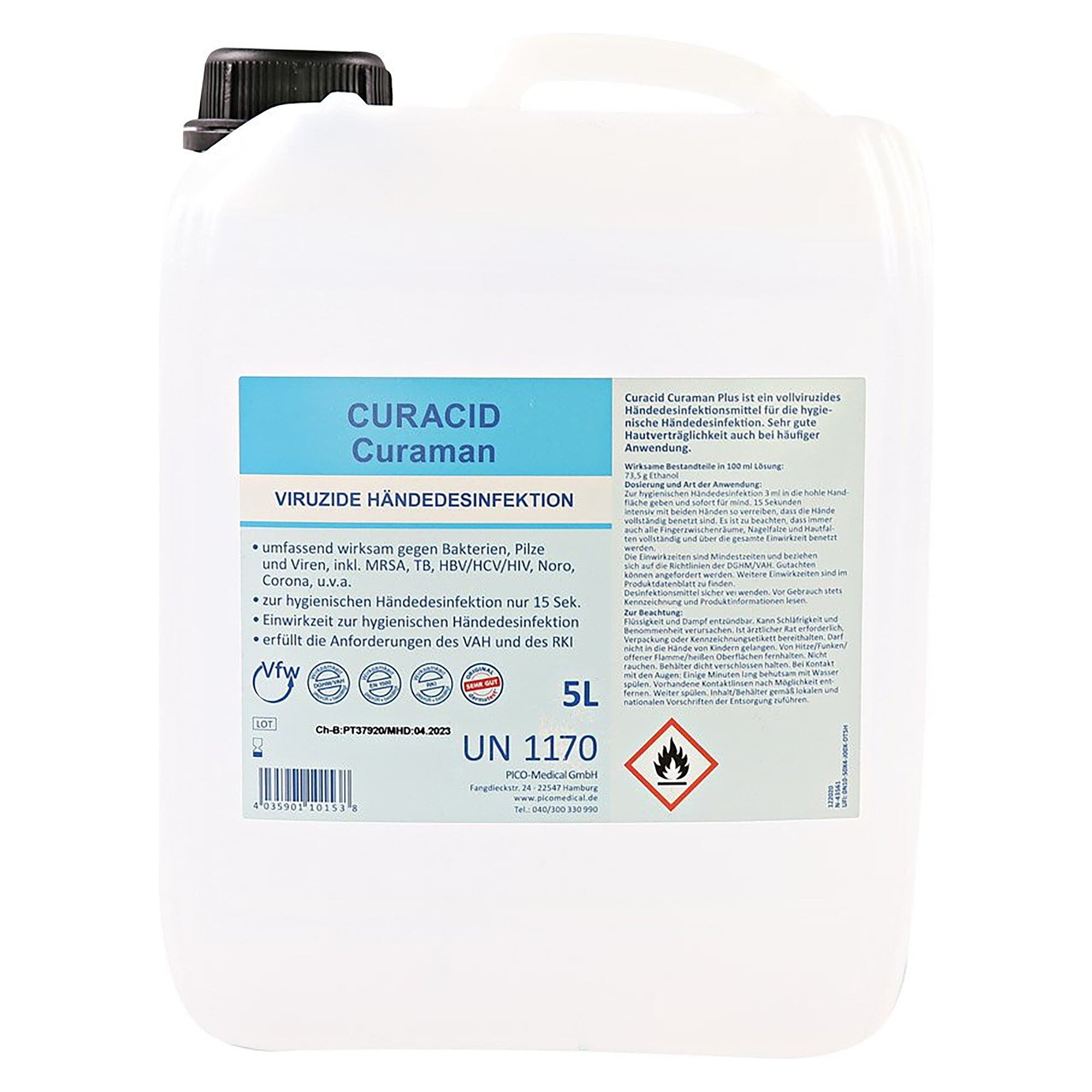 Alkoholische Händedesinfektion Curacid Curaman, vollviruzid, EN 1500 und EN 14476, 5 l - Franz Mensch 315791