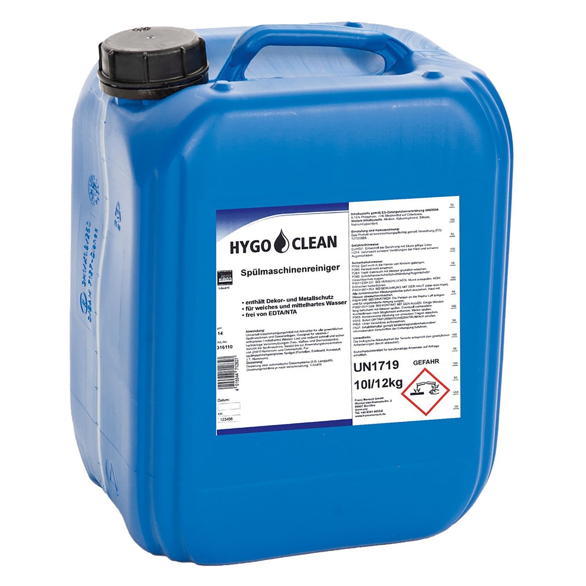 Flüssiger Spülmaschinenreiniger mit Aktivchlor, pH 14, Dekor- und Metallschutz, 10 l - Franz Mensch 316110