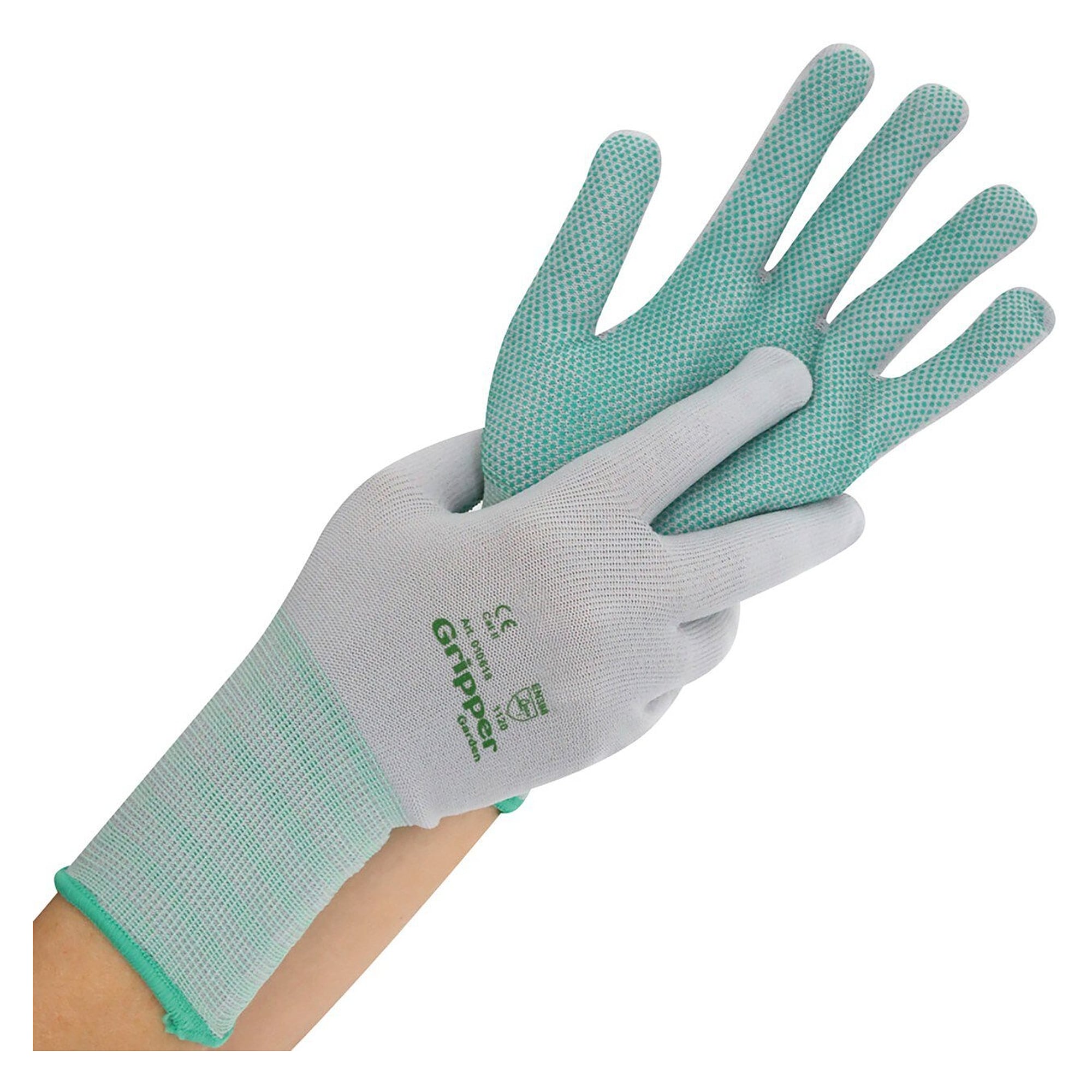 Feinstrickhandschuh GRIPPER Garden aus Nylon mit grünen PVC-Noppen, grau, Größe XL/10, 12 Paar - Franz Mensch 332735