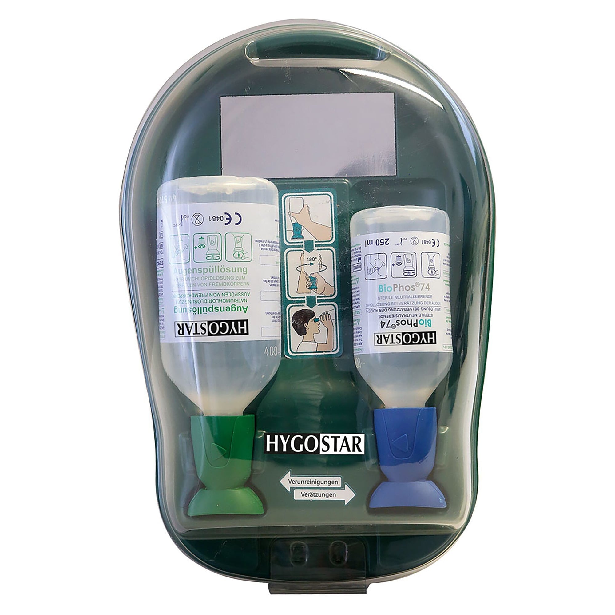 Augenspülstation Medidrop II mit 500 ml Natriumchlorid und 250 ml BioPhos74 gegen Verätzungen - Franz Mensch 50016
