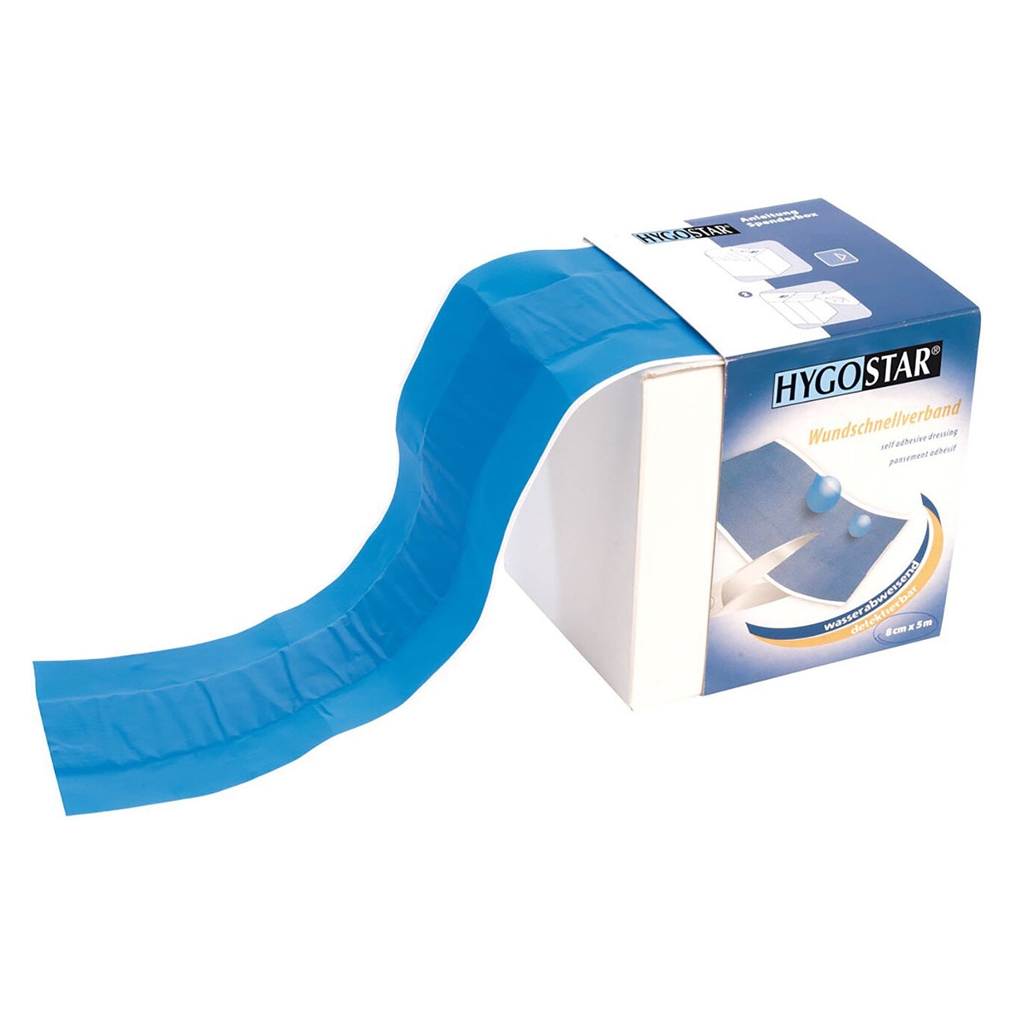 Detektierbarer Wundschnellverband auf Rolle 6 cm x 5 m, wasserabweisende PE-Folie, blau, Spenderbox - Franz Mensch 50029