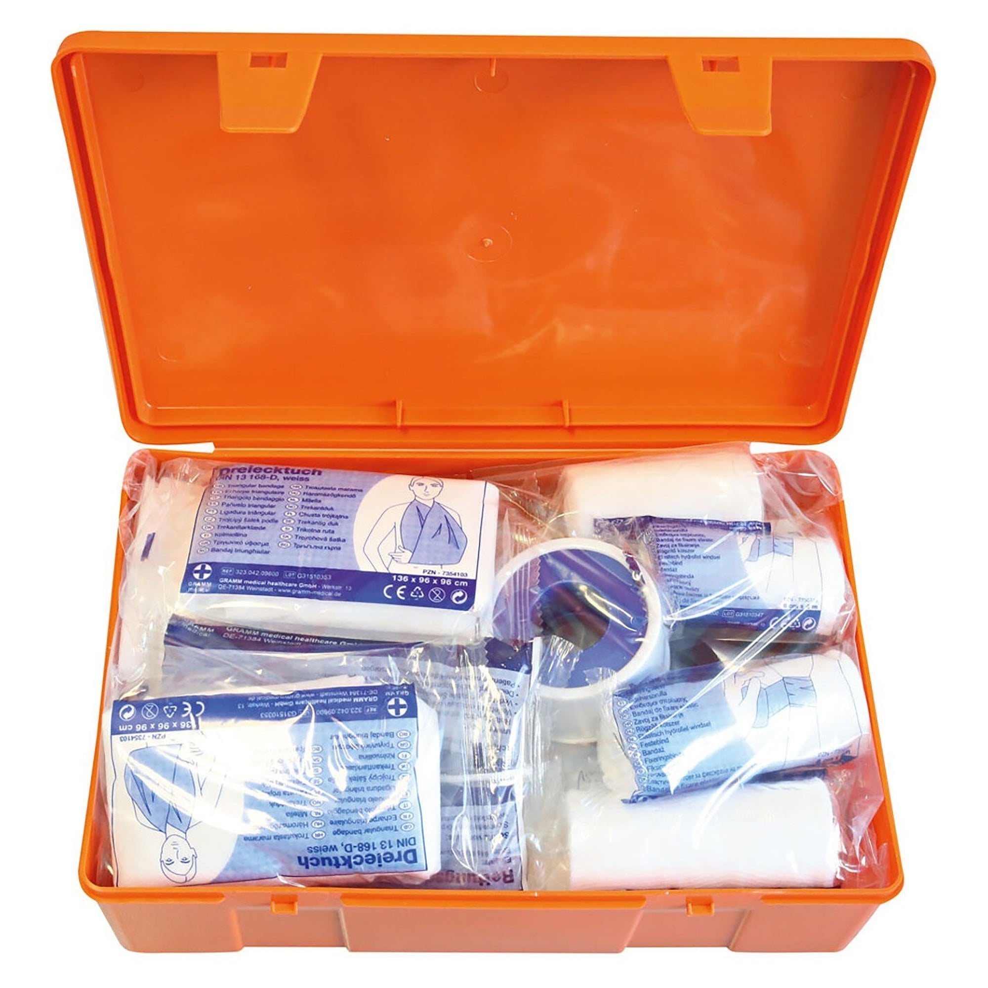 First aid kit REGULAR DETECT to DIN 13157 with detectable blue plasters, orange - Franz Mensch 50036
