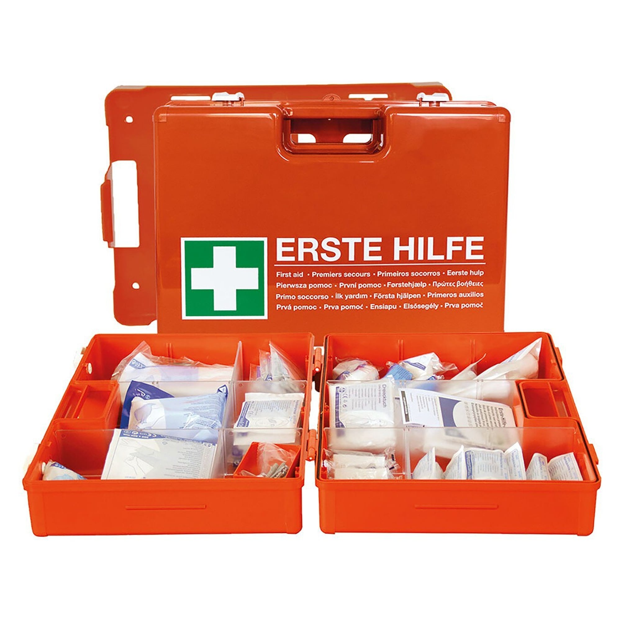 Large first aid case to DIN 13169, ABS plastic, orange, 34 x 24 x 12 cm, with wall bracket - Franz Mensch 50040