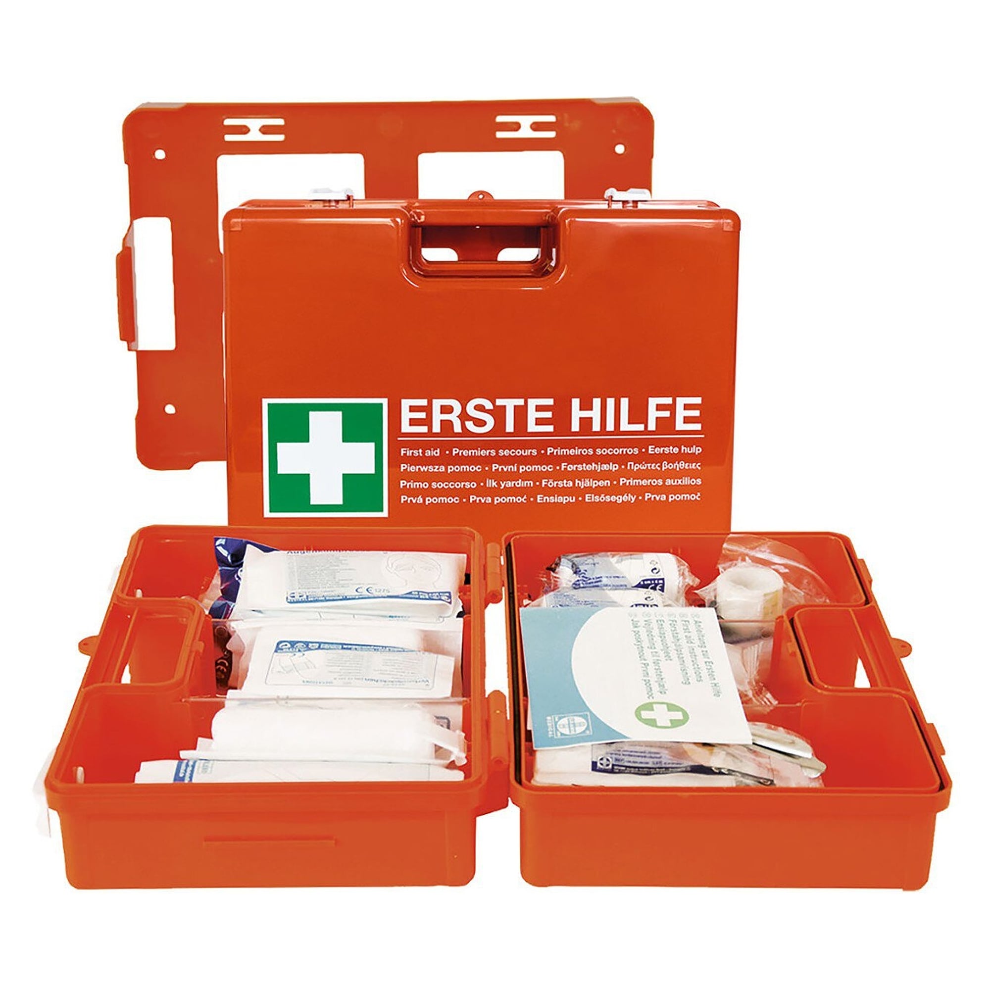 First aid kit Domino to DIN 13157 with blue detectable plasters, ABS case, wall bracket - Franz Mensch 50060
