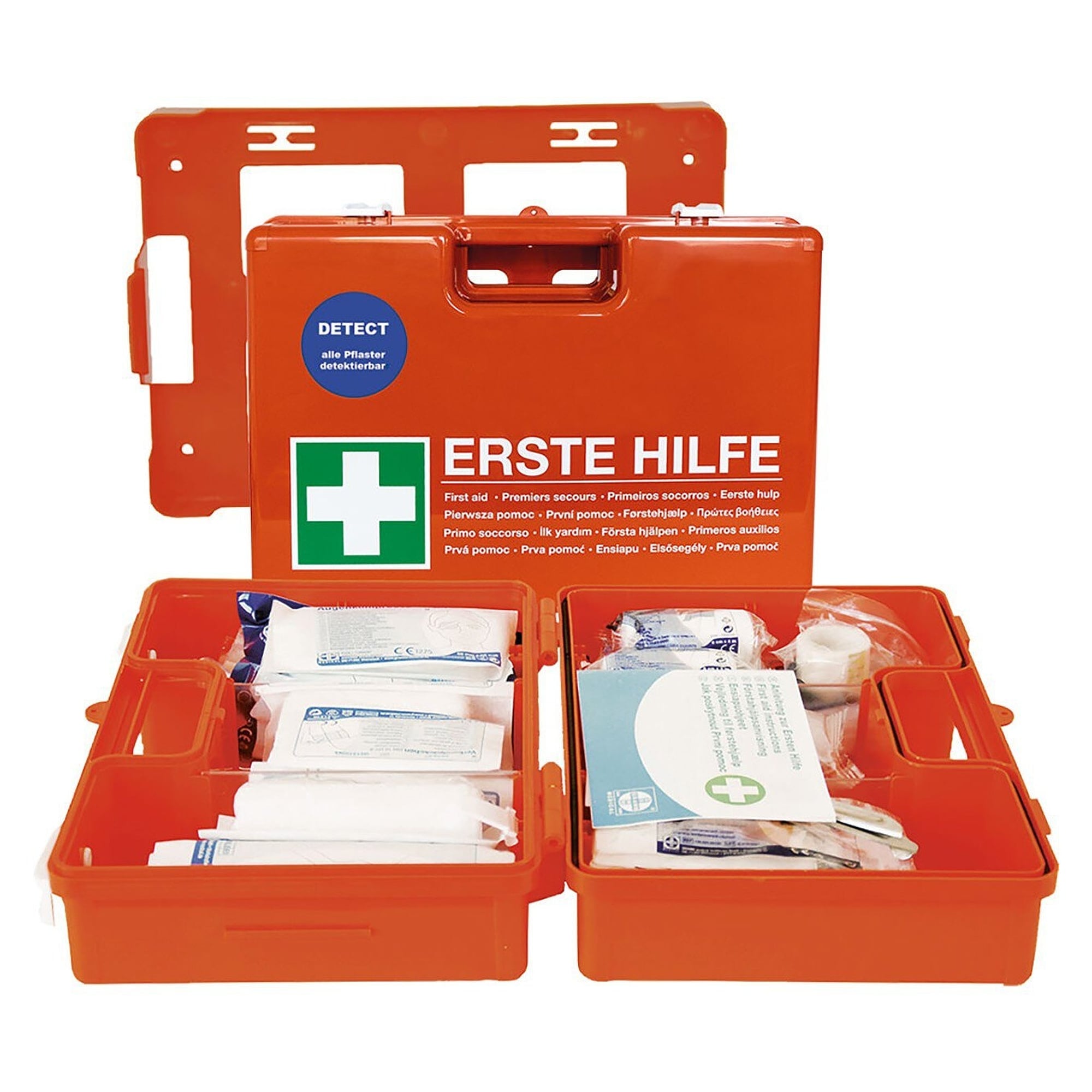 First aid kit Domino detectable to DIN 13157, orange, ABS, sealable, with wall bracket - Franz Mensch 50065