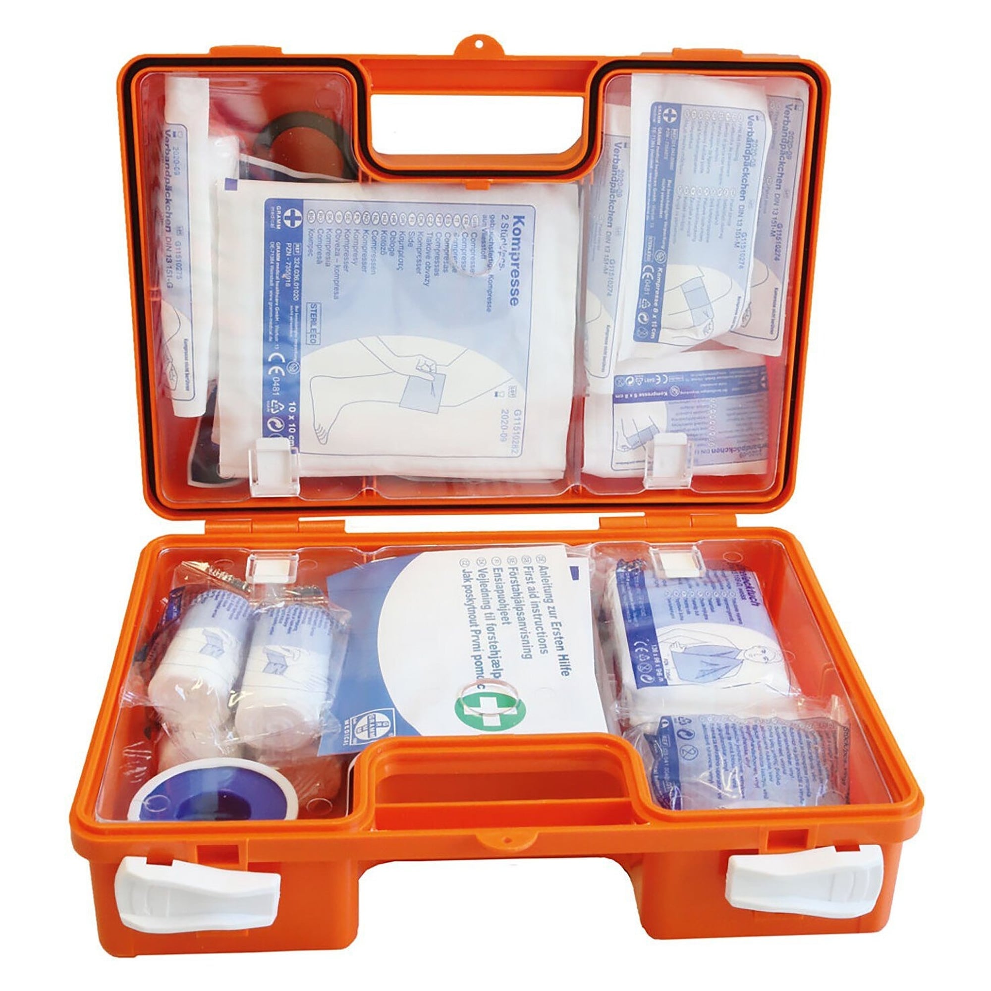 First aid kit Domino detectable to DIN 13157, orange, ABS, sealable, with wall bracket - Franz Mensch 50065