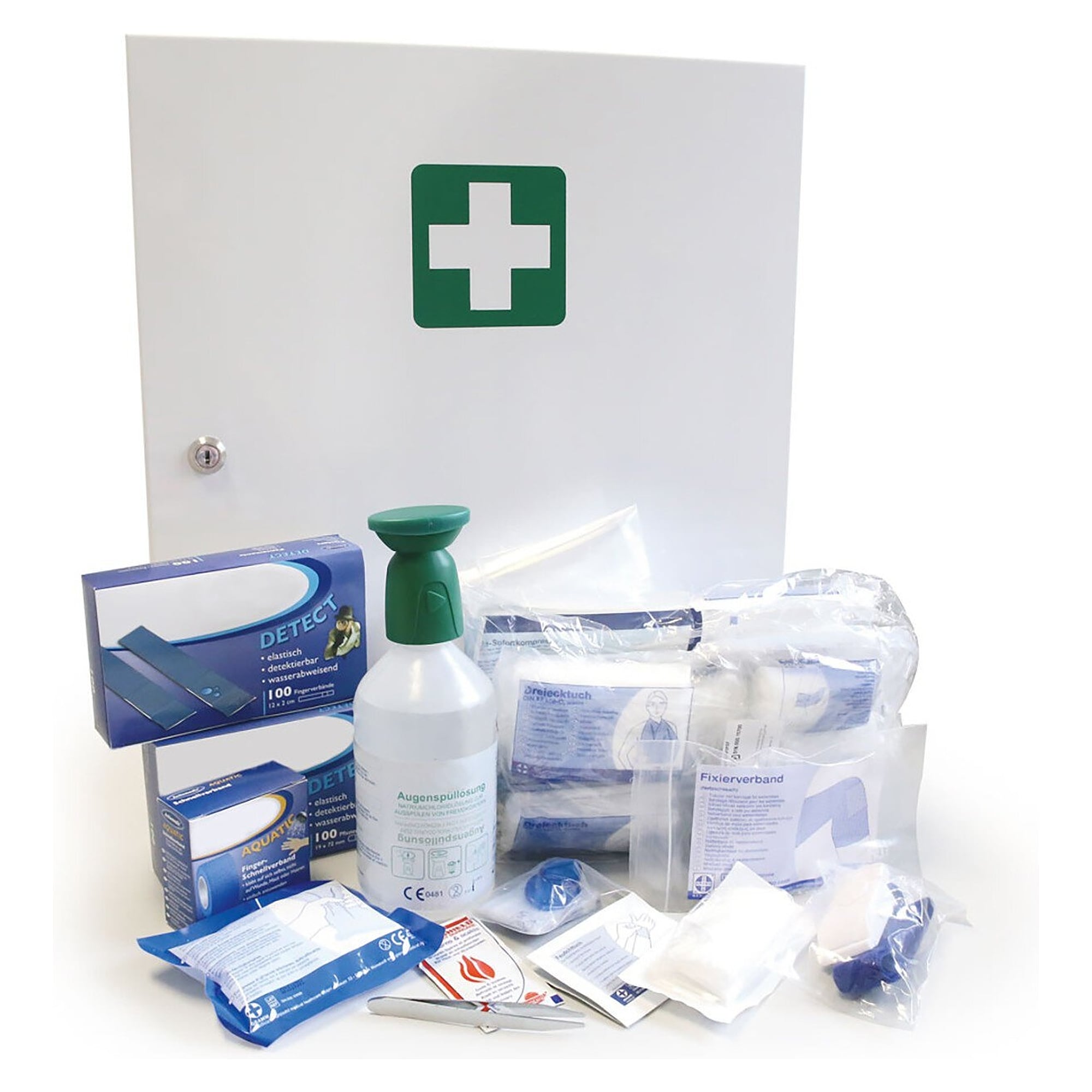 Armoire à pharmacie DIN 13157 pour l'agroalimentaire, tôle d'acier blanche, symbole de secours, verrouillable - Franz Mensch 50200