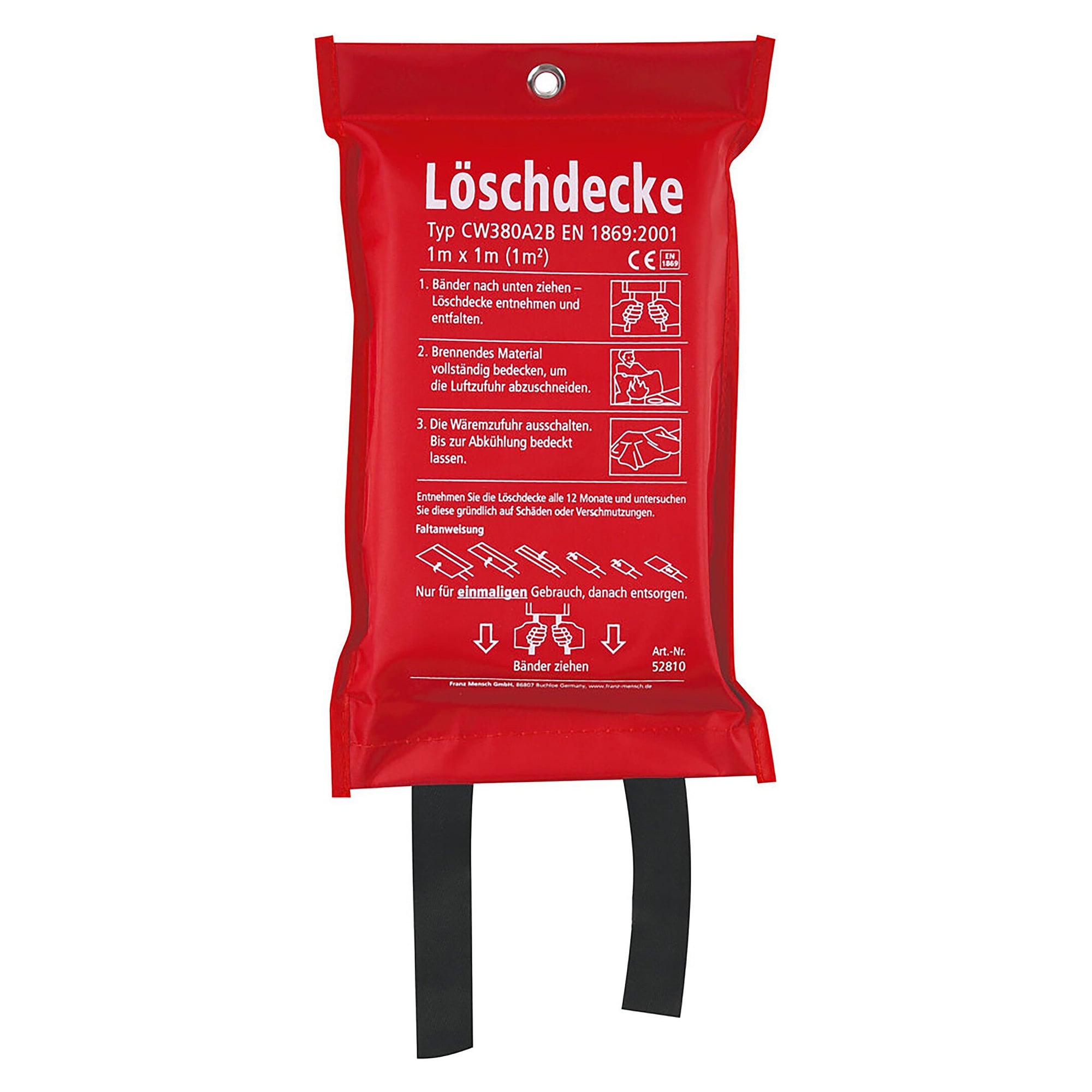 Löschdecke Fire Protect 100 x 100 cm aus Glasfaser gegen Fettbrand, weiß, im Nylonbeutel - Franz Mensch 52810