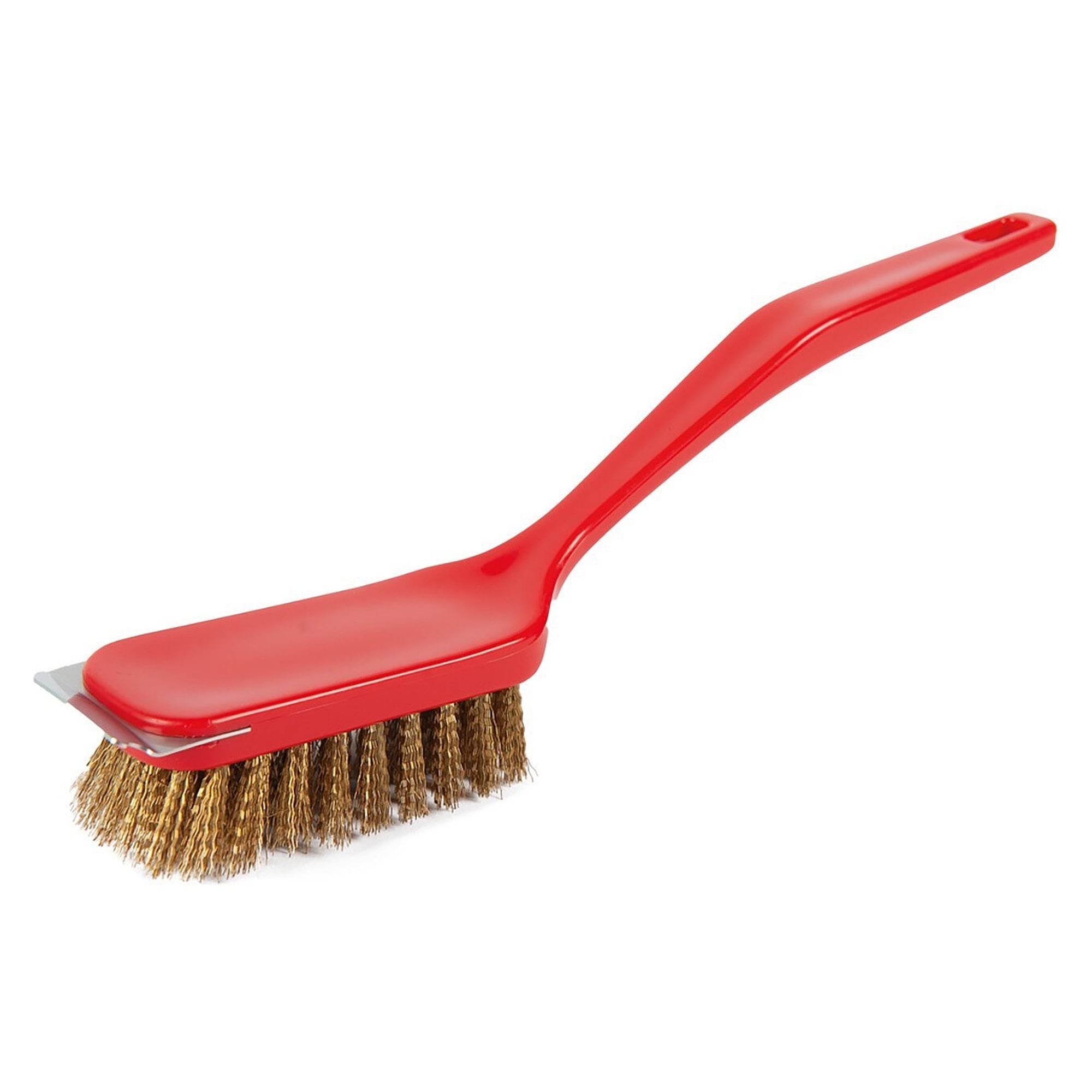 Brosse à grill à poils en laiton et grattoir métallique, carrée, corps plastique, long manche - Franz Mensch 70100