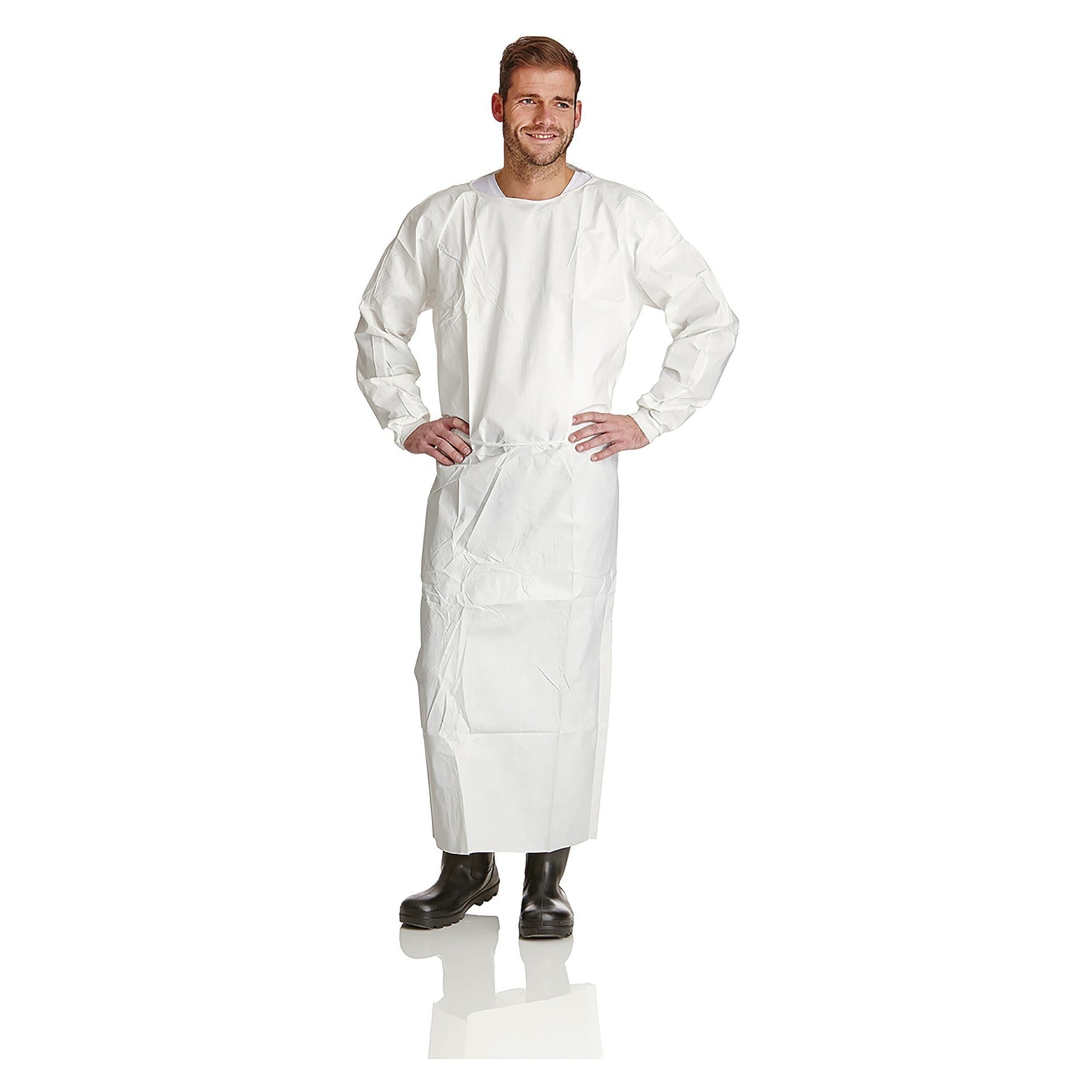 Disposable protective smock ProSafe 2 in microporous film, back ties, knitted cuffs, white - DS Safety Wear PS2KI-150