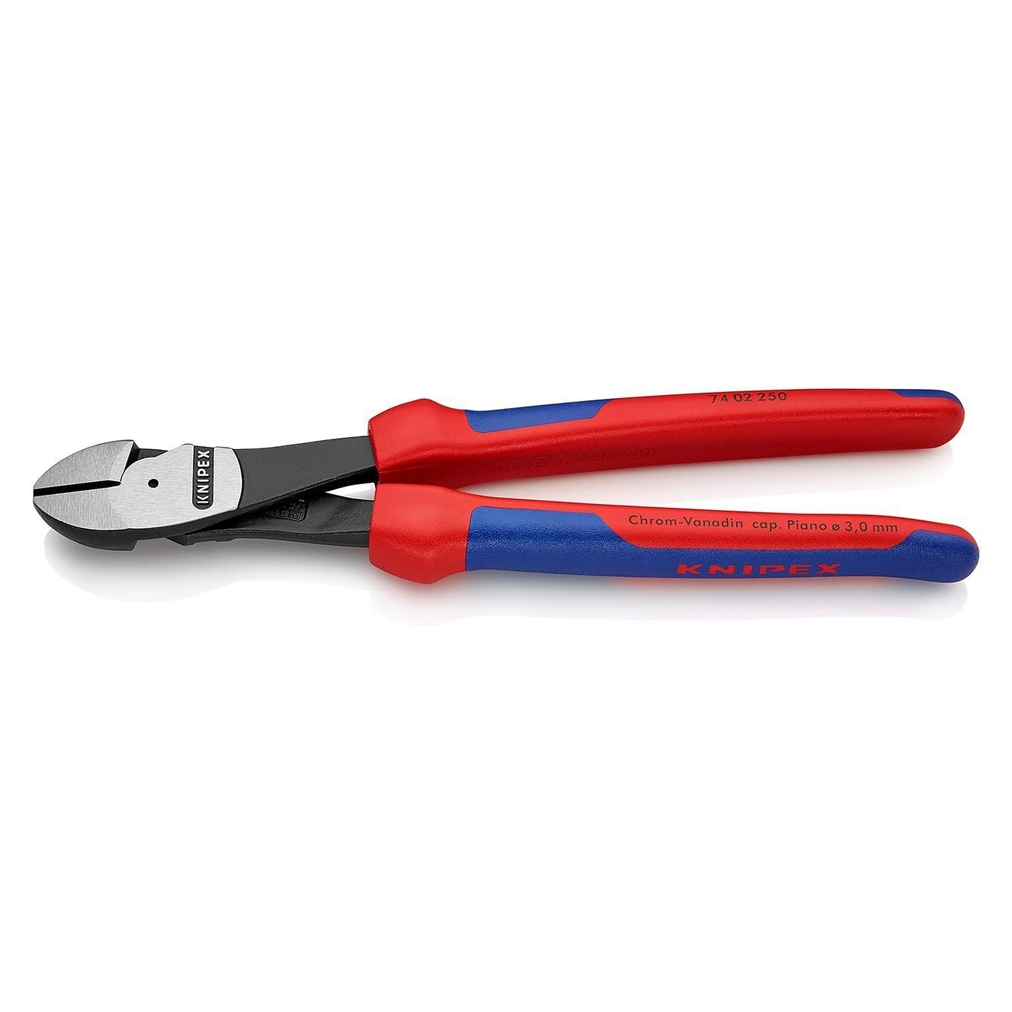 High leverage diagonal cutter with multi-component sleeves, piano wire up to 3.0 mm, 64 HRC, 250 mm - Knipex 74 02 250