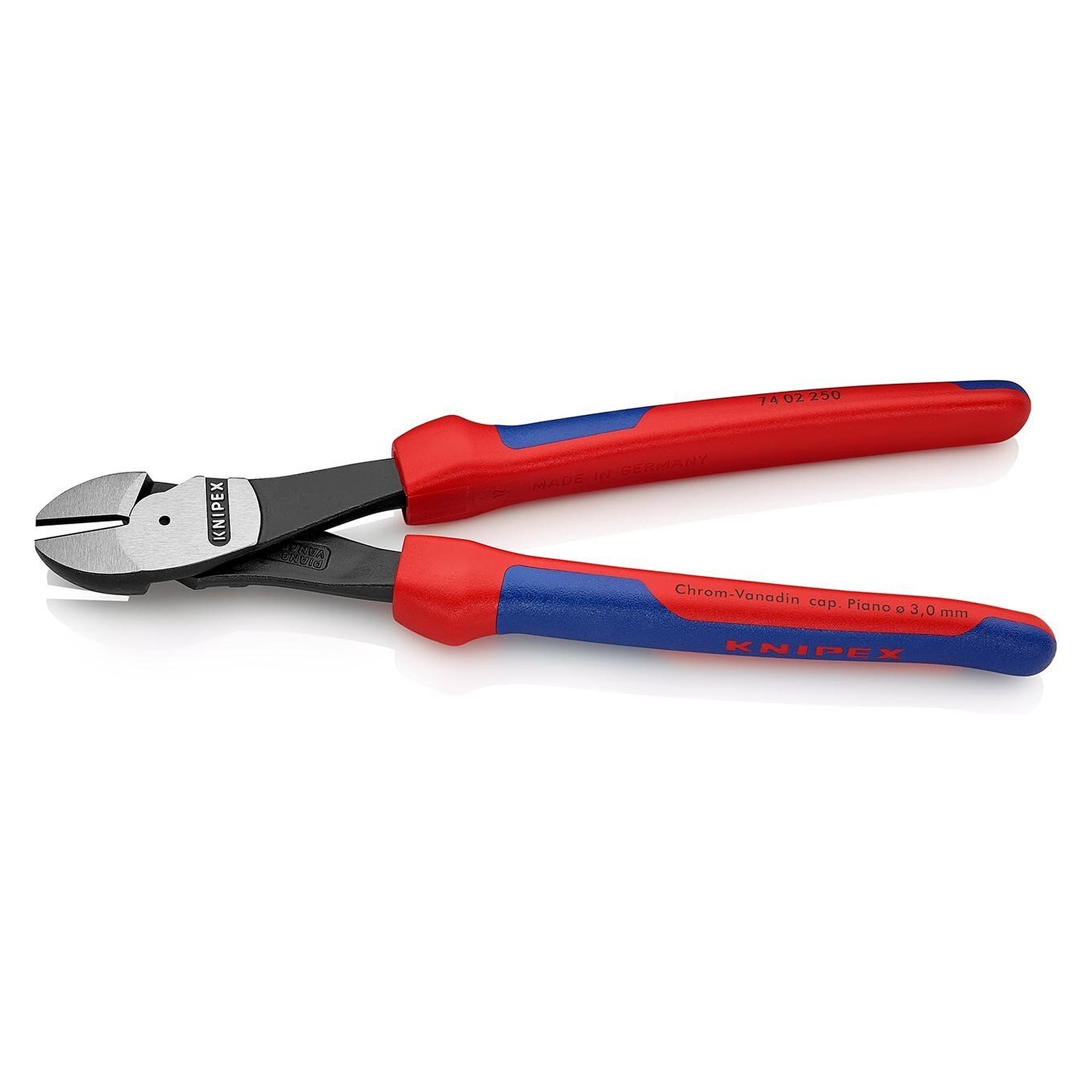 High leverage diagonal cutter with multi-component sleeves, piano wire up to 3.0 mm, 64 HRC, 250 mm - Knipex 74 02 250