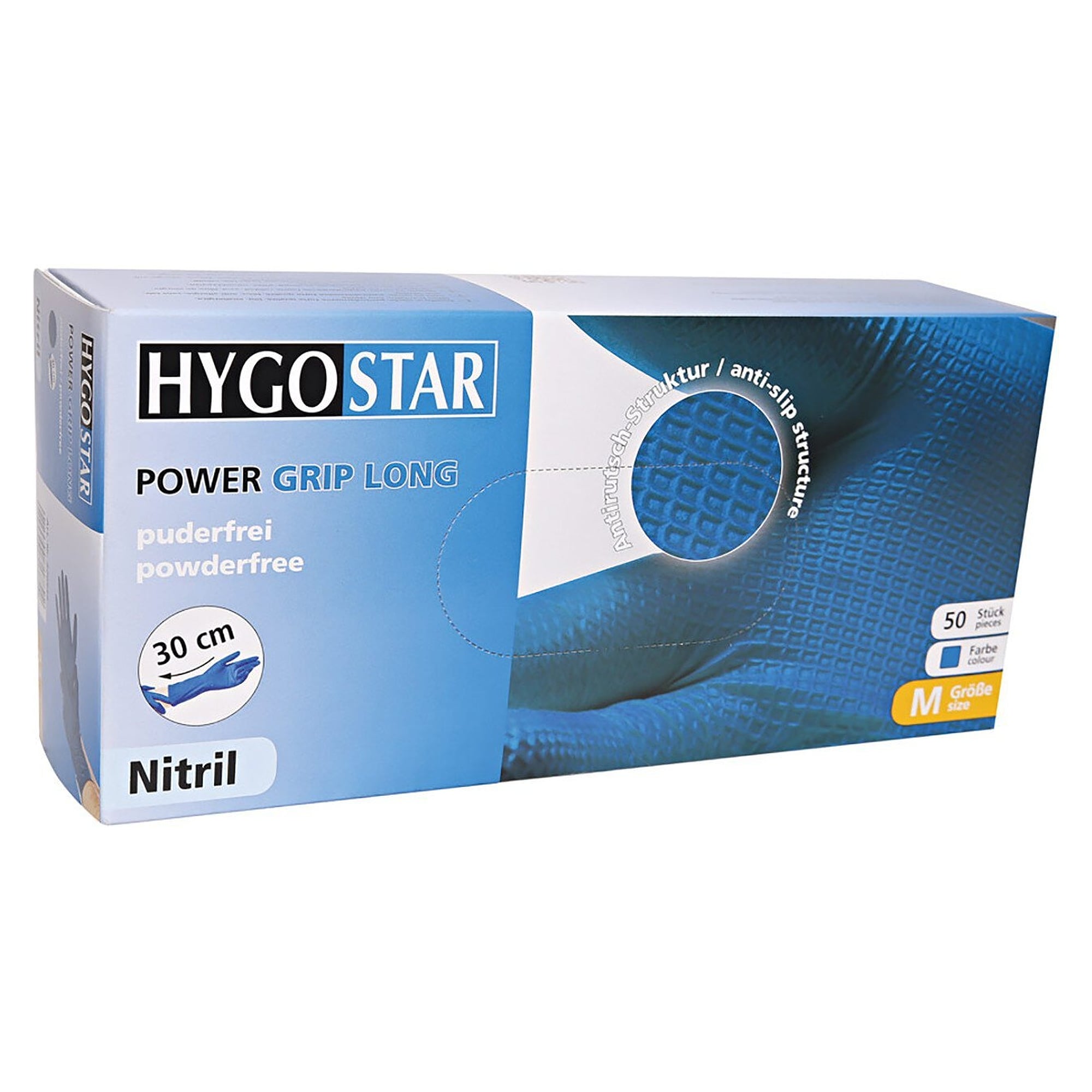 Nitrilhandschuhe Power Grip Long, puderfrei, blau, Größe M (8), 50 Stück - Franz Mensch 270956