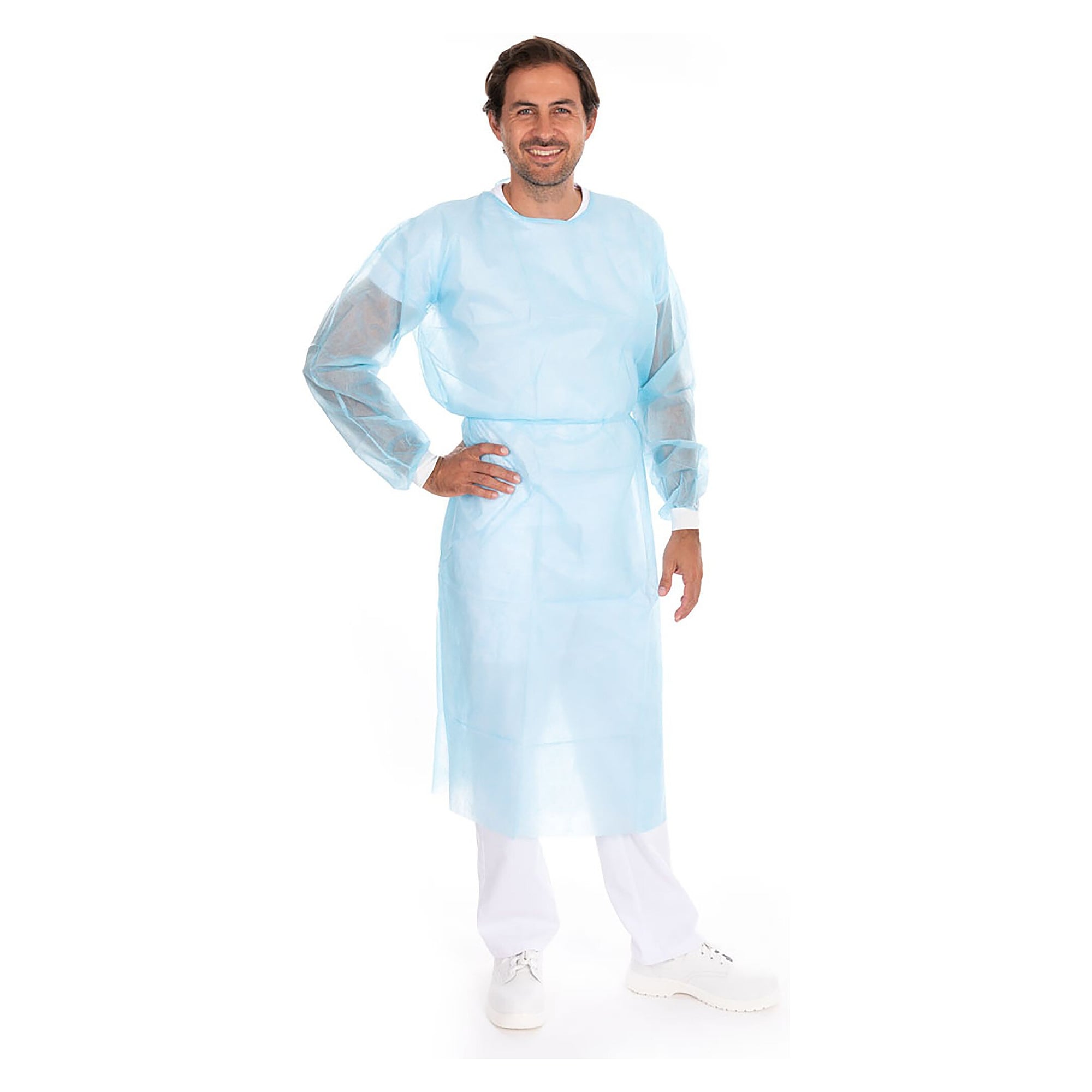 Kittel aus PP mit PE-Teillaminat, 115 x 135 cm, Nackenbindeband, Strickbündchen, blau, Größe L, 10 Stück - Franz Mensch 27767