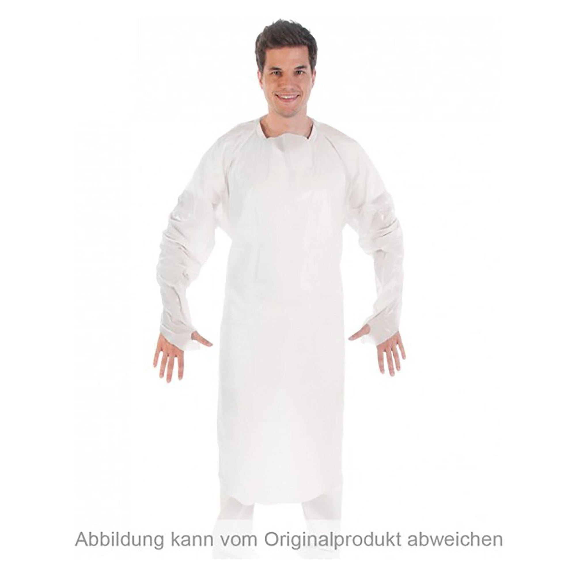 Untersuchungskittel aus CPE, 115 cm lang, mit Daumenloch, weiß, Größe XL, 25 Stück - Franz Mensch 27790