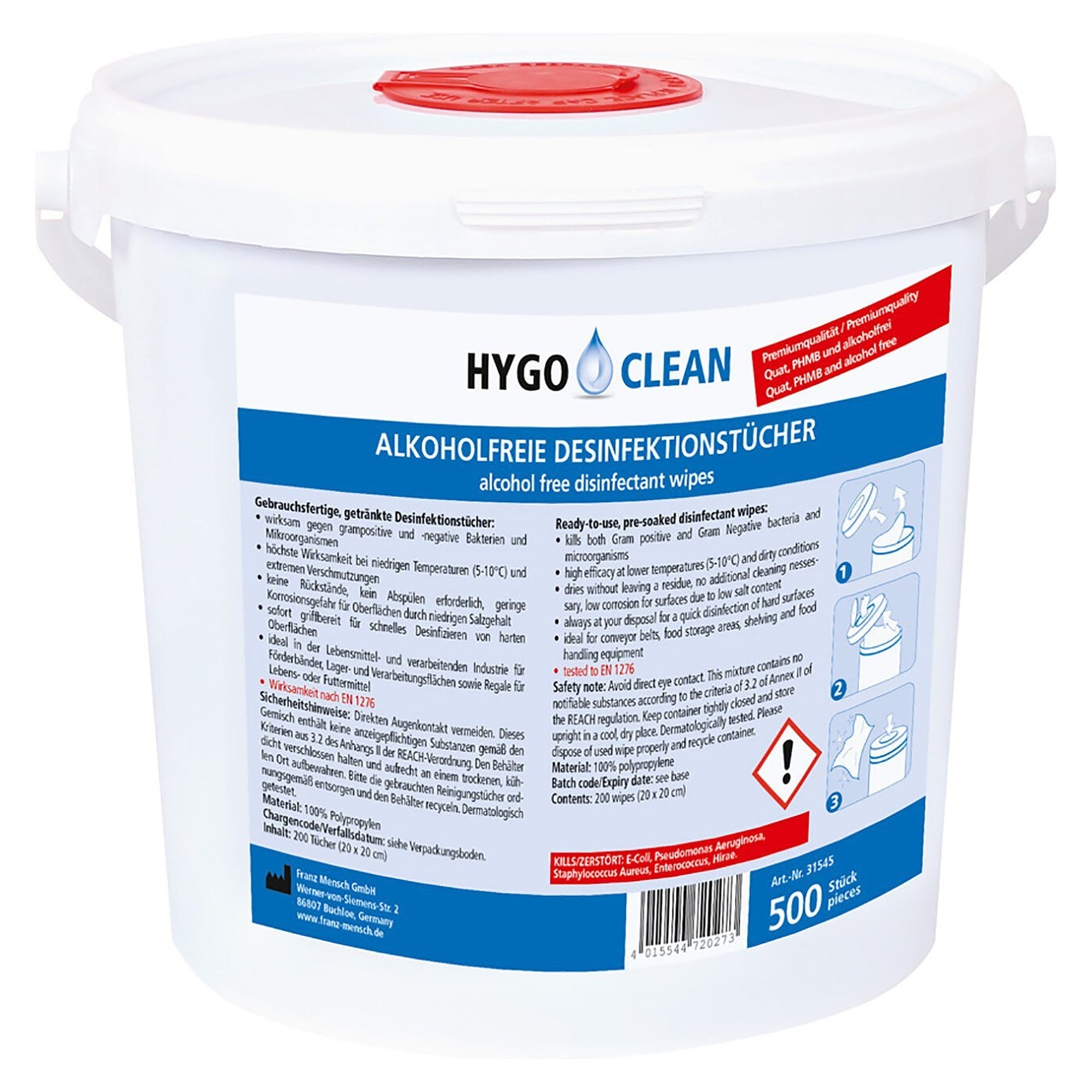 Disinfection wipes alcohol-free, 20 x 20 cm, PP nonwoven, blue, dispenser tub of 200 - Franz Mensch 31535