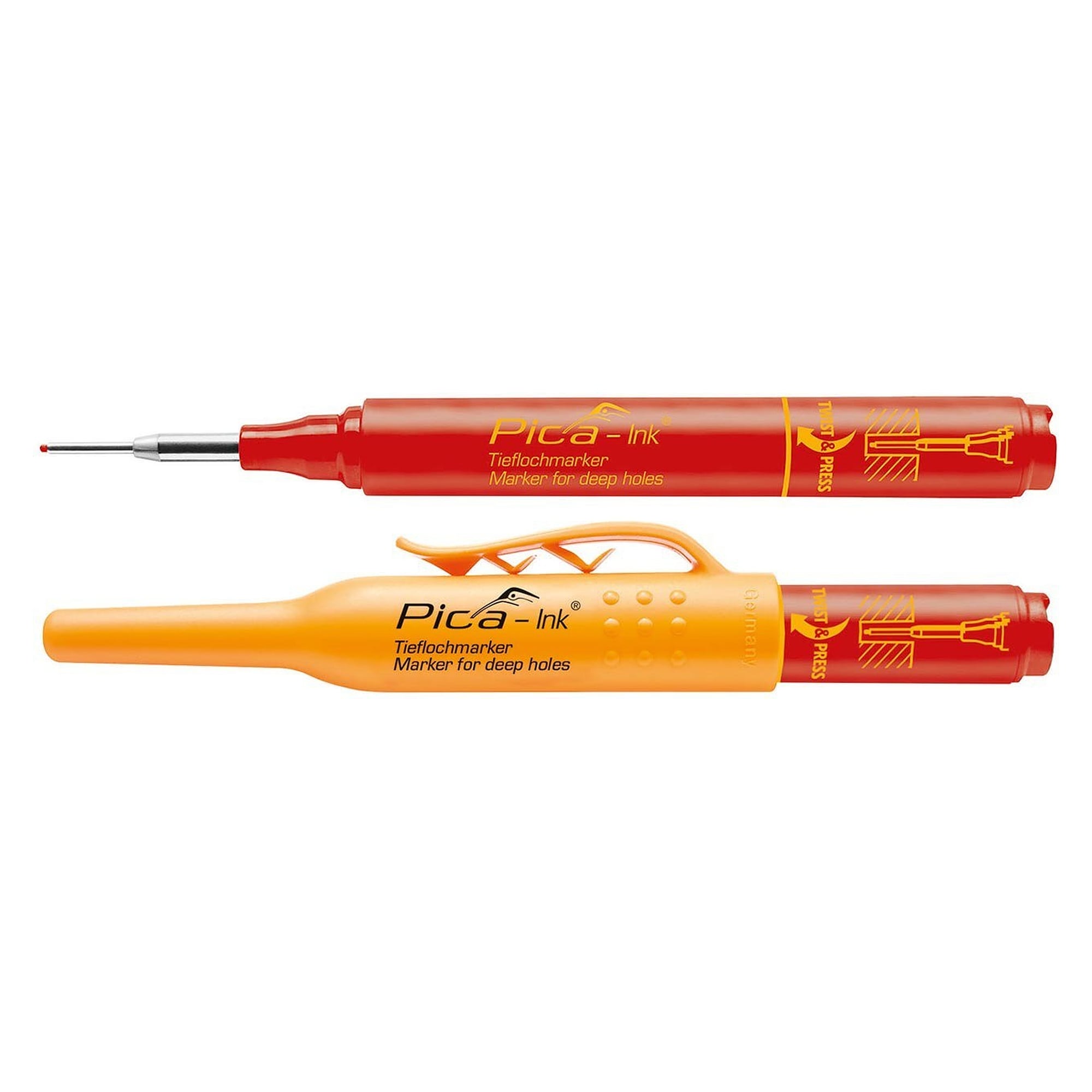 Deep hole marker with stainless steel telescopic tip, permanent ink, red - Pica 150/40