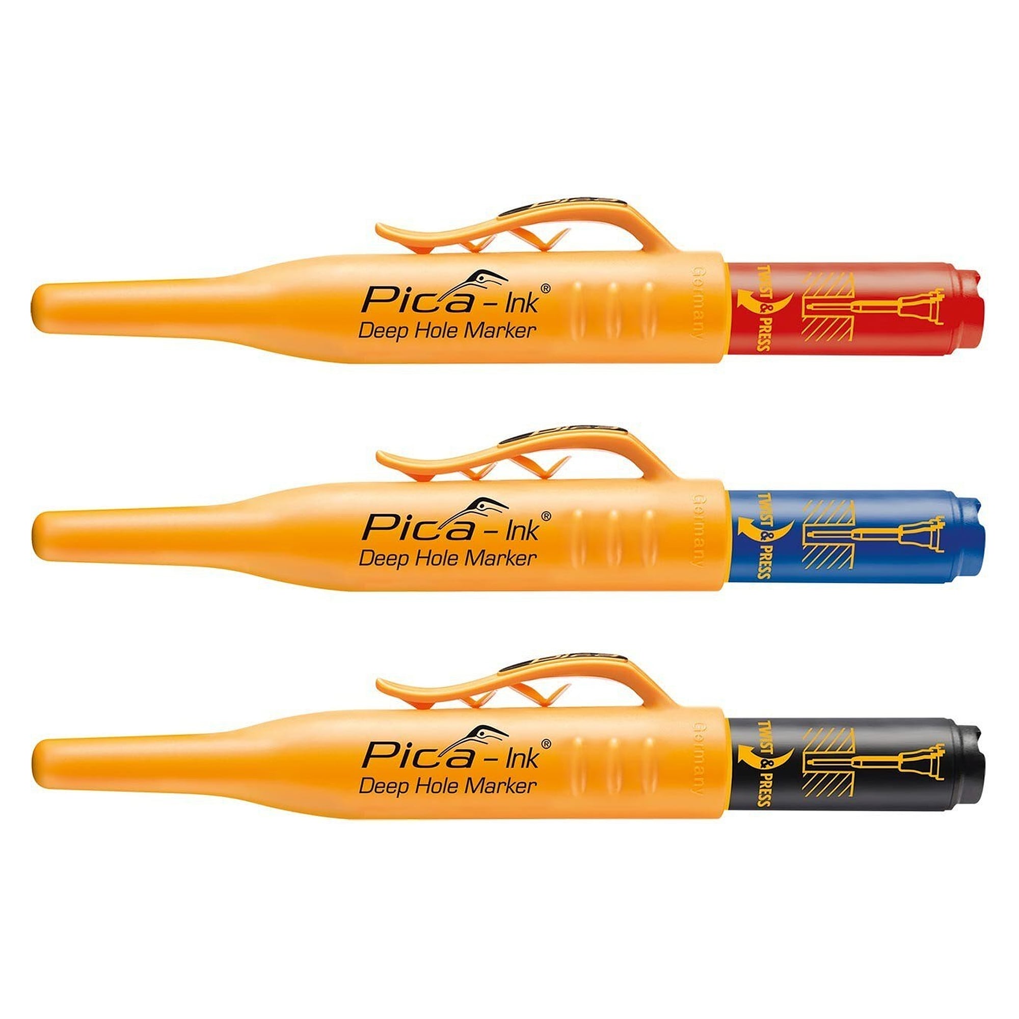Deep hole marker with stainless steel telescopic tip, permanent ink, red - Pica 150/40