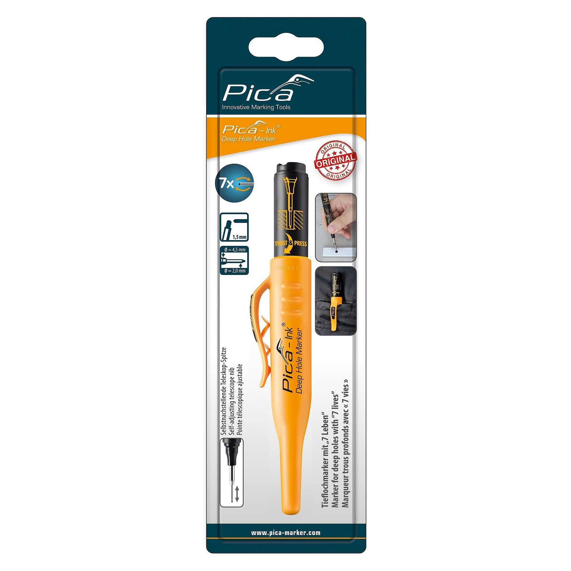 Tieflochmarker mit Edelstahl-Teleskopspitze, permanente Tinte, schwarz, SB-Blister - Pica 150/46/SB