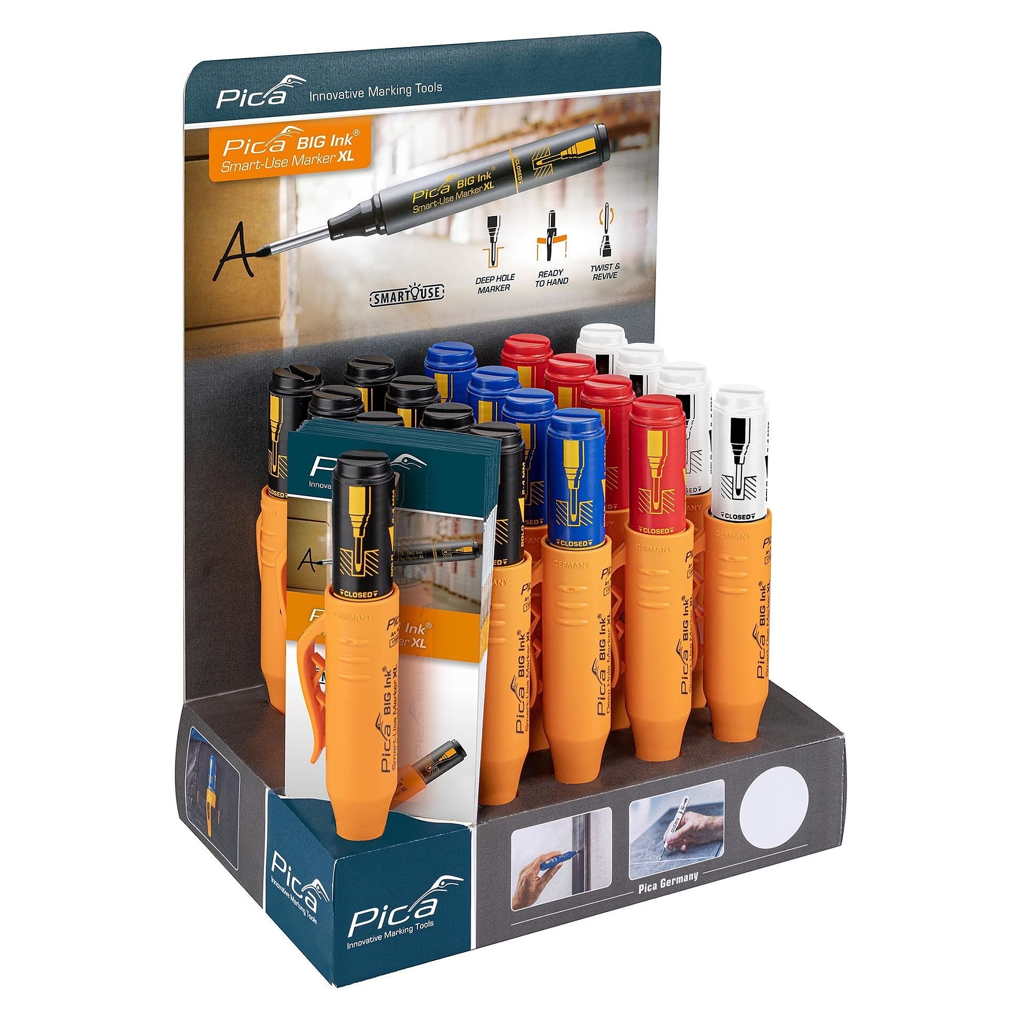 Marker display Basic with 20 Pica BIG INK Smart-Use XL markers in four colours including white - Pica 170/20