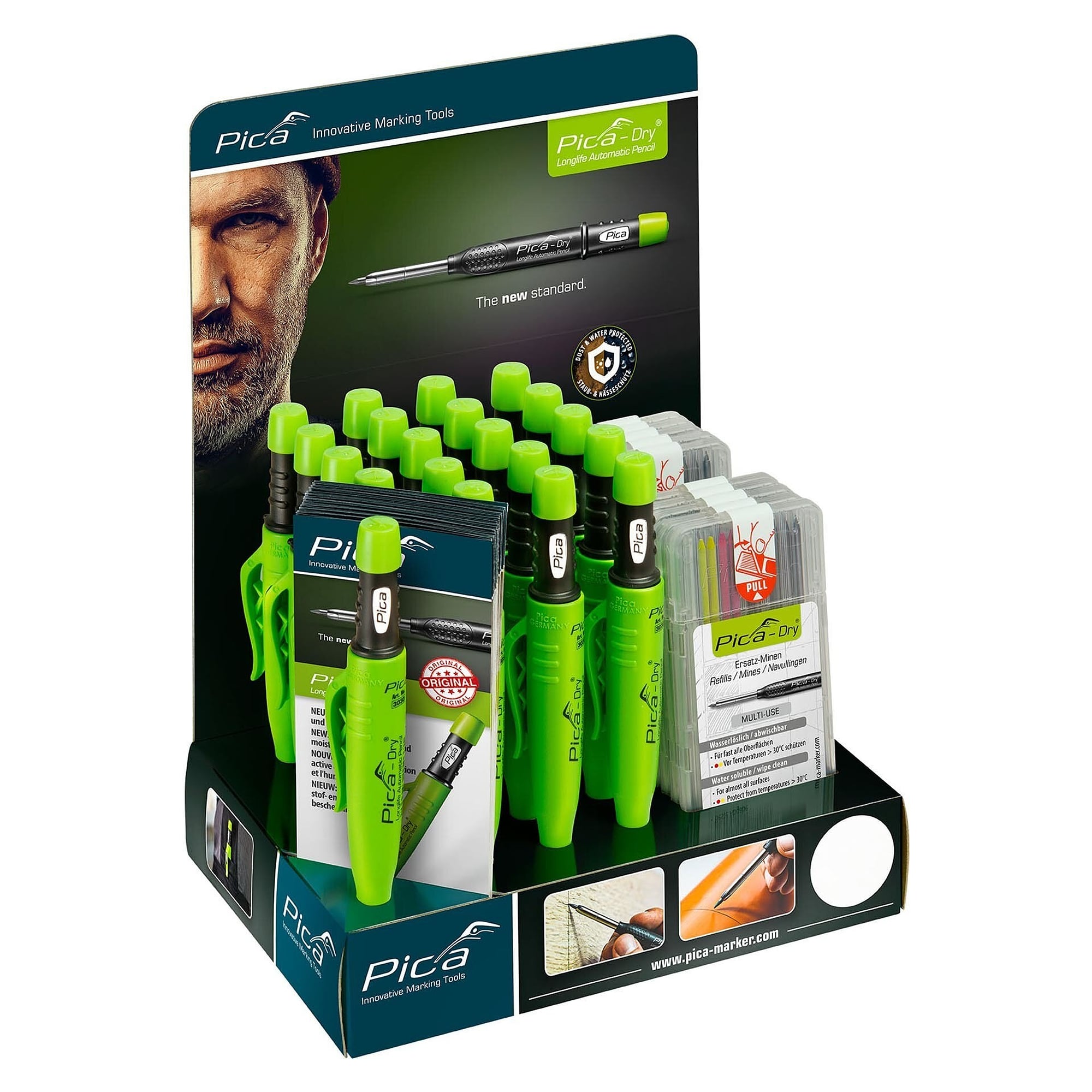 Sales display Basic with 20 Pica DRY Longlife Automatic Pens and 10 refill lead cases - Pica 3020