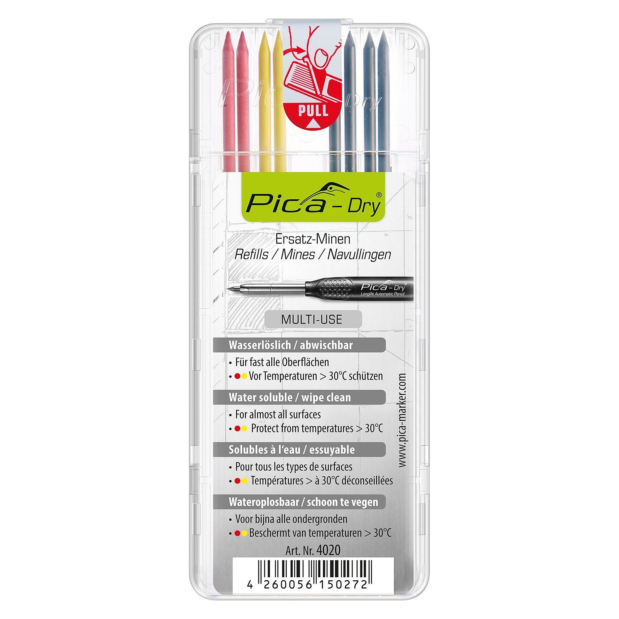 Ersatzminen-Set "Basis" für Pica DRY Markierstift, 8 Minen Graphit, Rot, Gelb - Pica 4020
