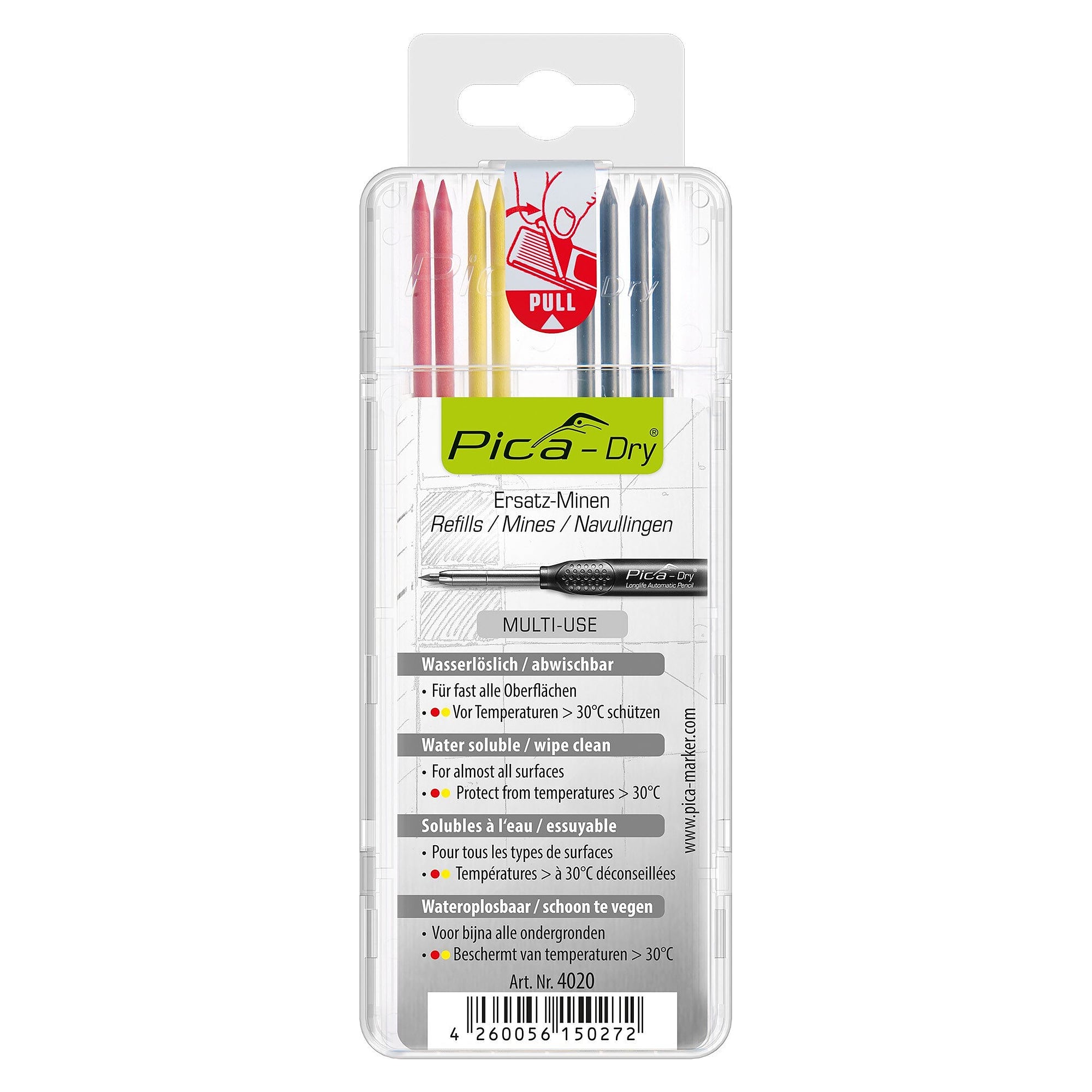 Ersatzminen-Set "Basis" für Pica DRY Markierstift, 8 Minen Graphit, Rot, Gelb, Blister - Pica 4020/SB