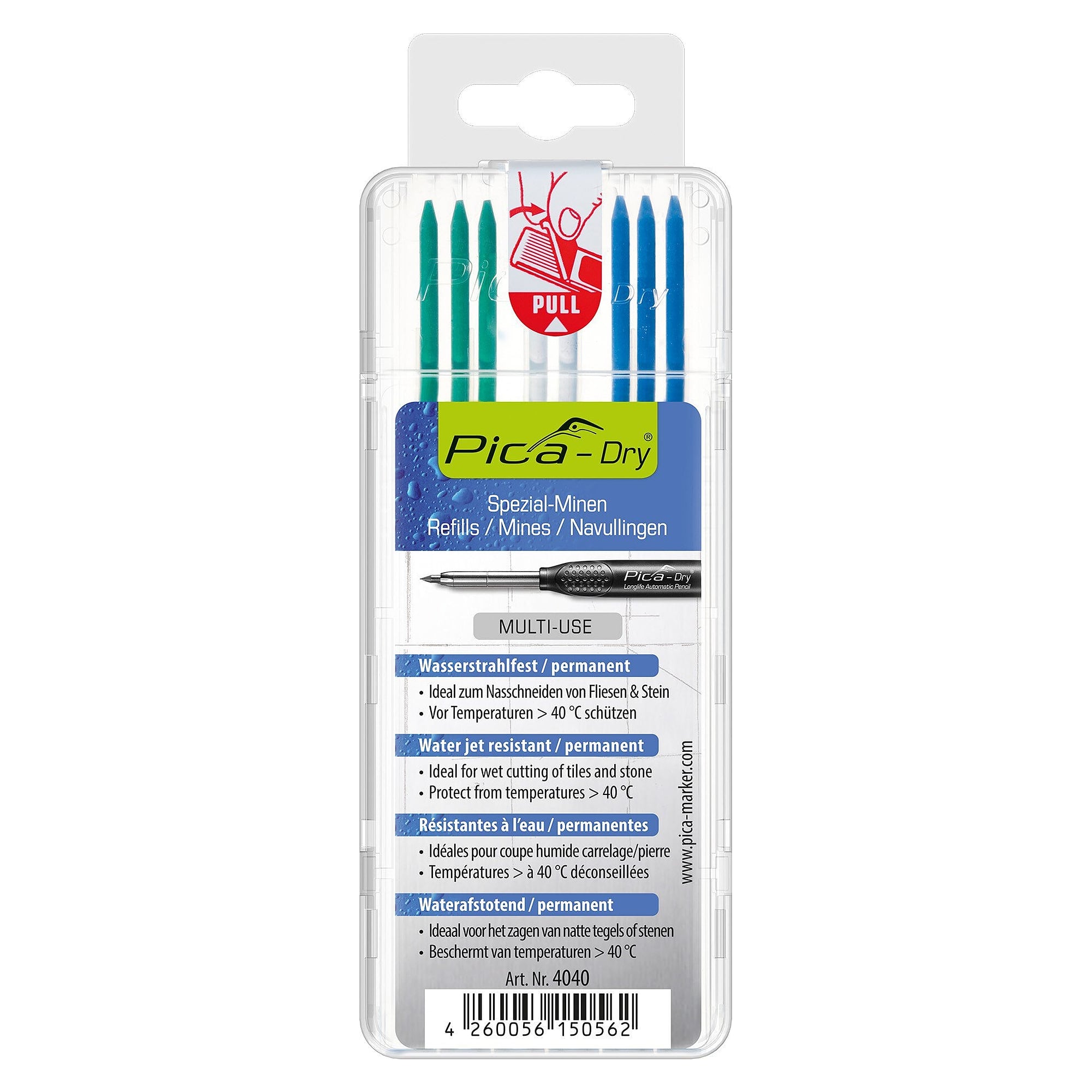 Ersatzminen-Set "Spezial" für Pica DRY Markierstift, 8 Minen Blau, Grün, Weiß, Blister - Pica 4040/SB