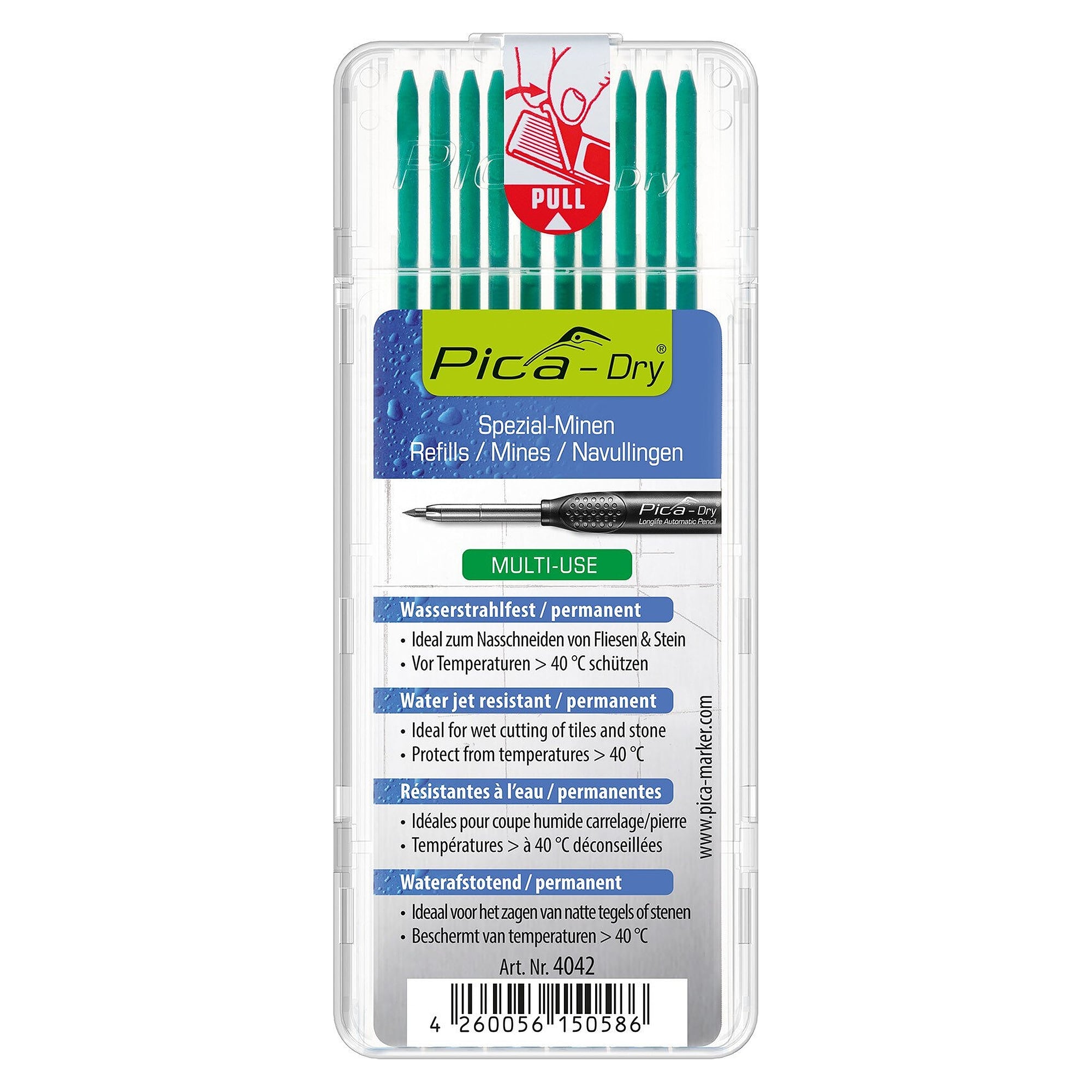 Ersatzminen-Set für Pica DRY Markierstift, 10 Minen Grün, wasserstrahlfest - Pica 4042