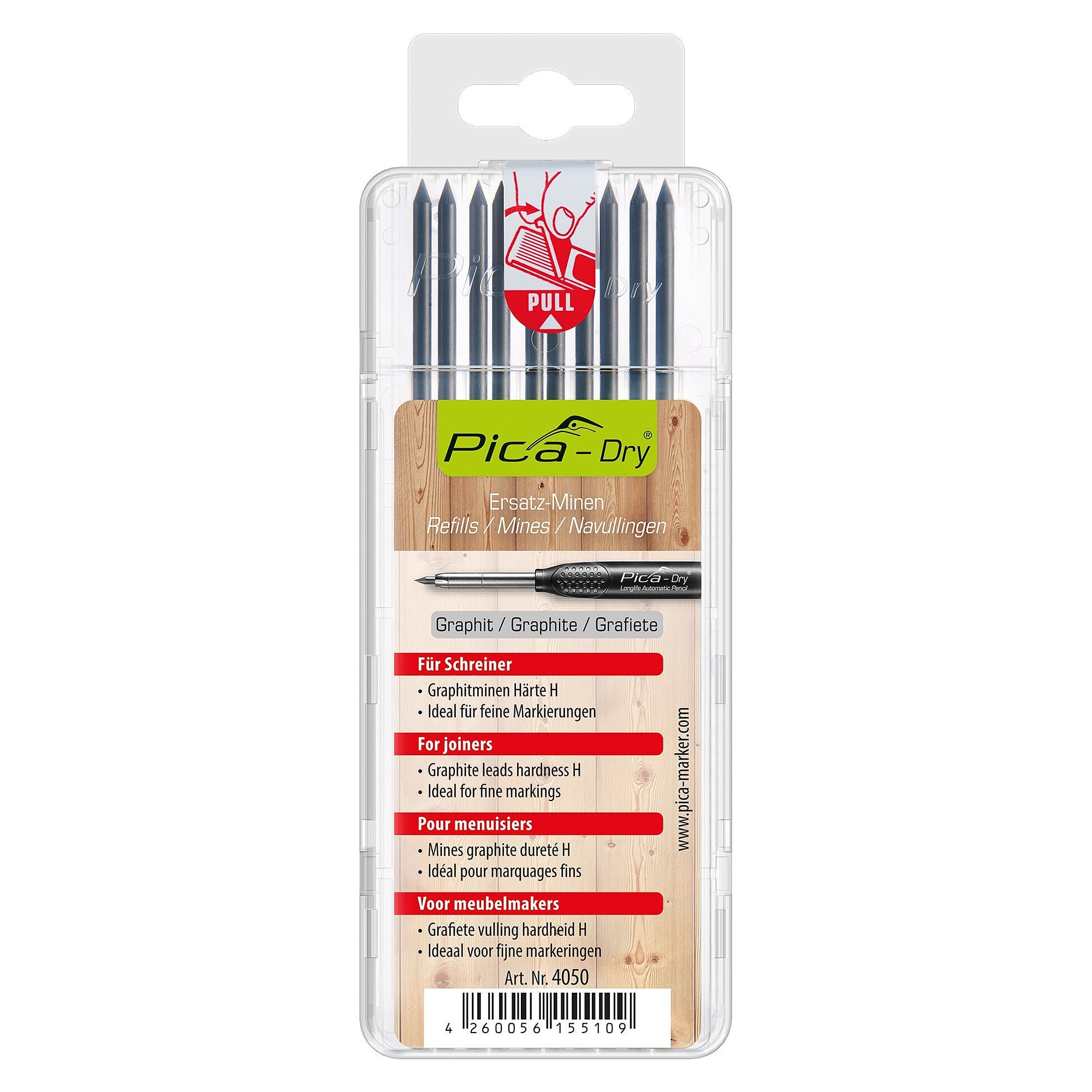 Ersatzminen-Set für Pica DRY, 10 Graphitminen Härte H für Tischler und Schreiner, Blister - Pica 4050/SB