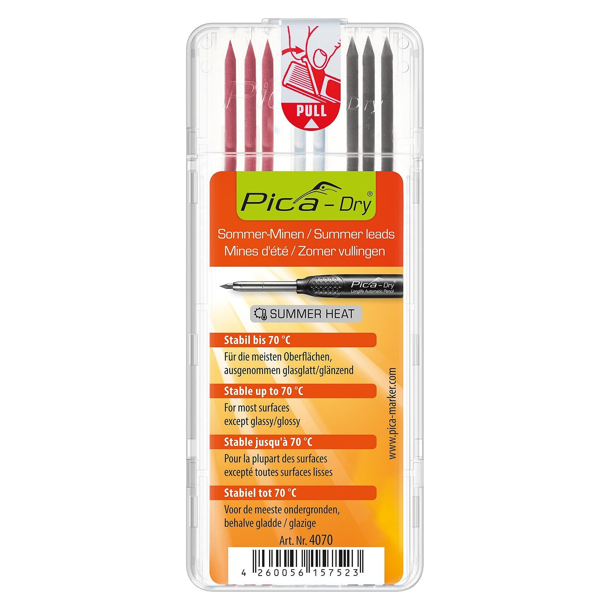 Ersatzminen-Set "SUMMER HEAT" für Pica DRY Markierstift, 8 Minen Graphit, Rot, Weiß - Pica 4070