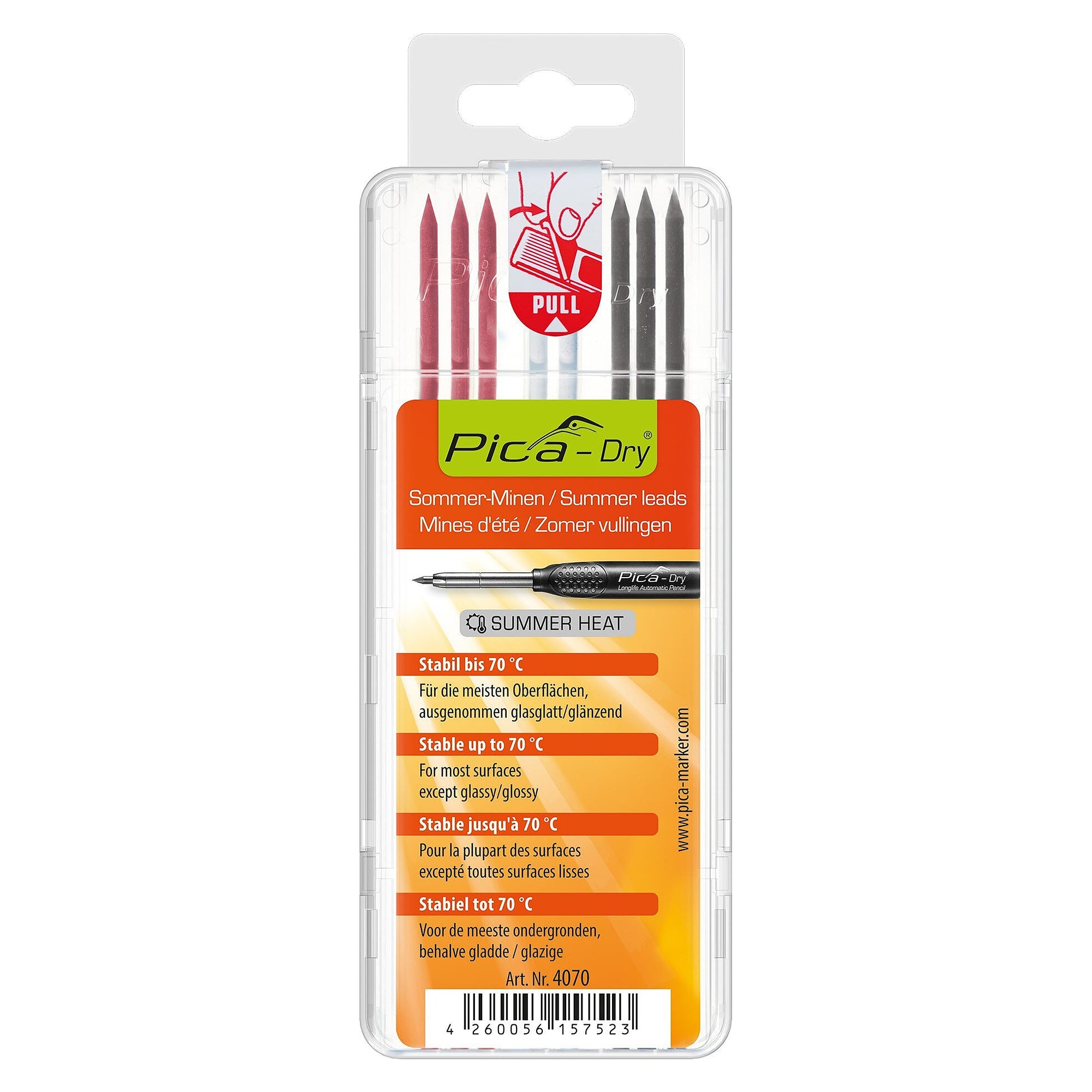 Ersatzminen-Set "SUMMER HEAT" für Pica DRY Markierstift, 8 Minen Graphit, Rot, Weiß, Blister - Pica 4070/SB