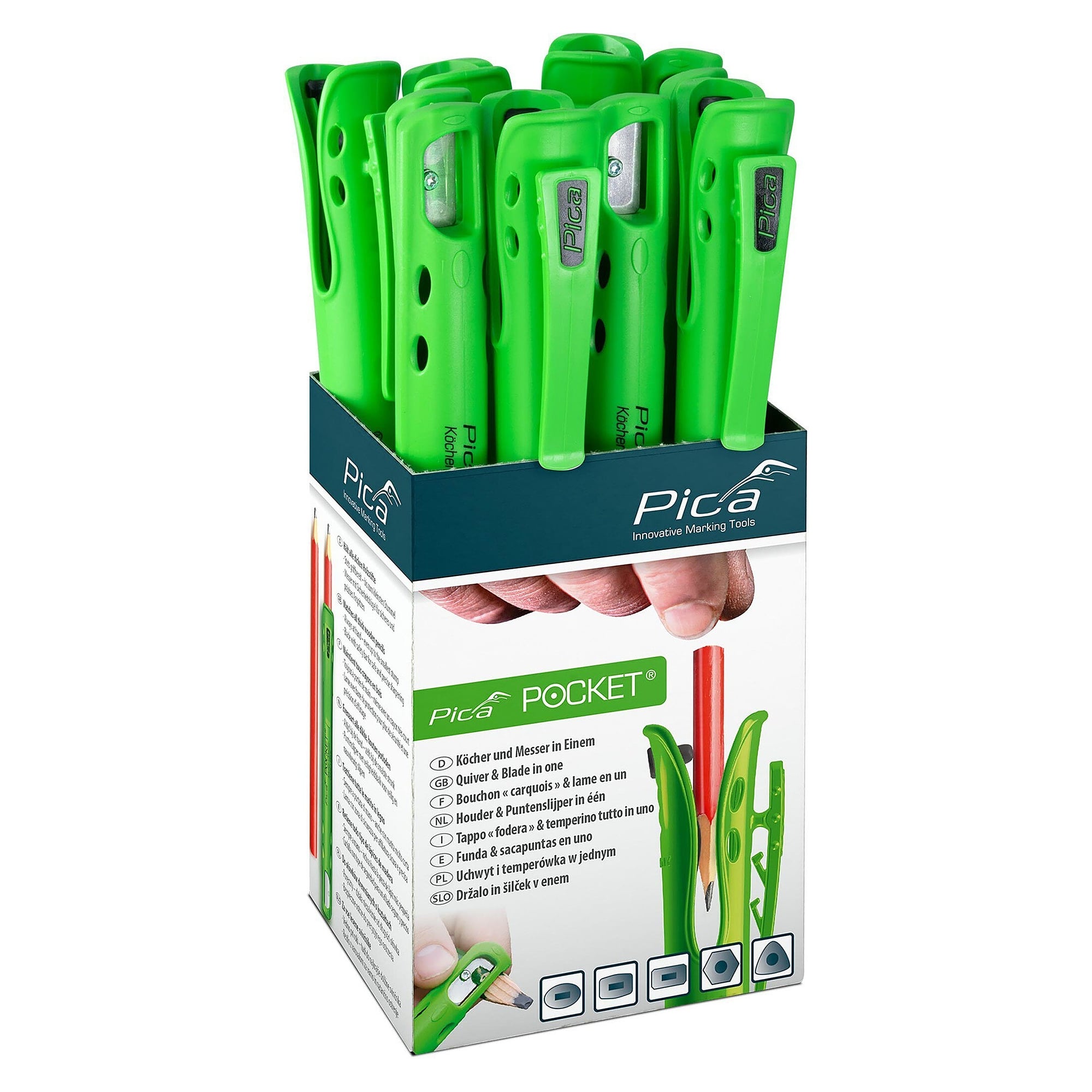 Pencil quiver with integrated sharpening knife for carpenter and thick wooden pencils, box of 10 - Pica 505