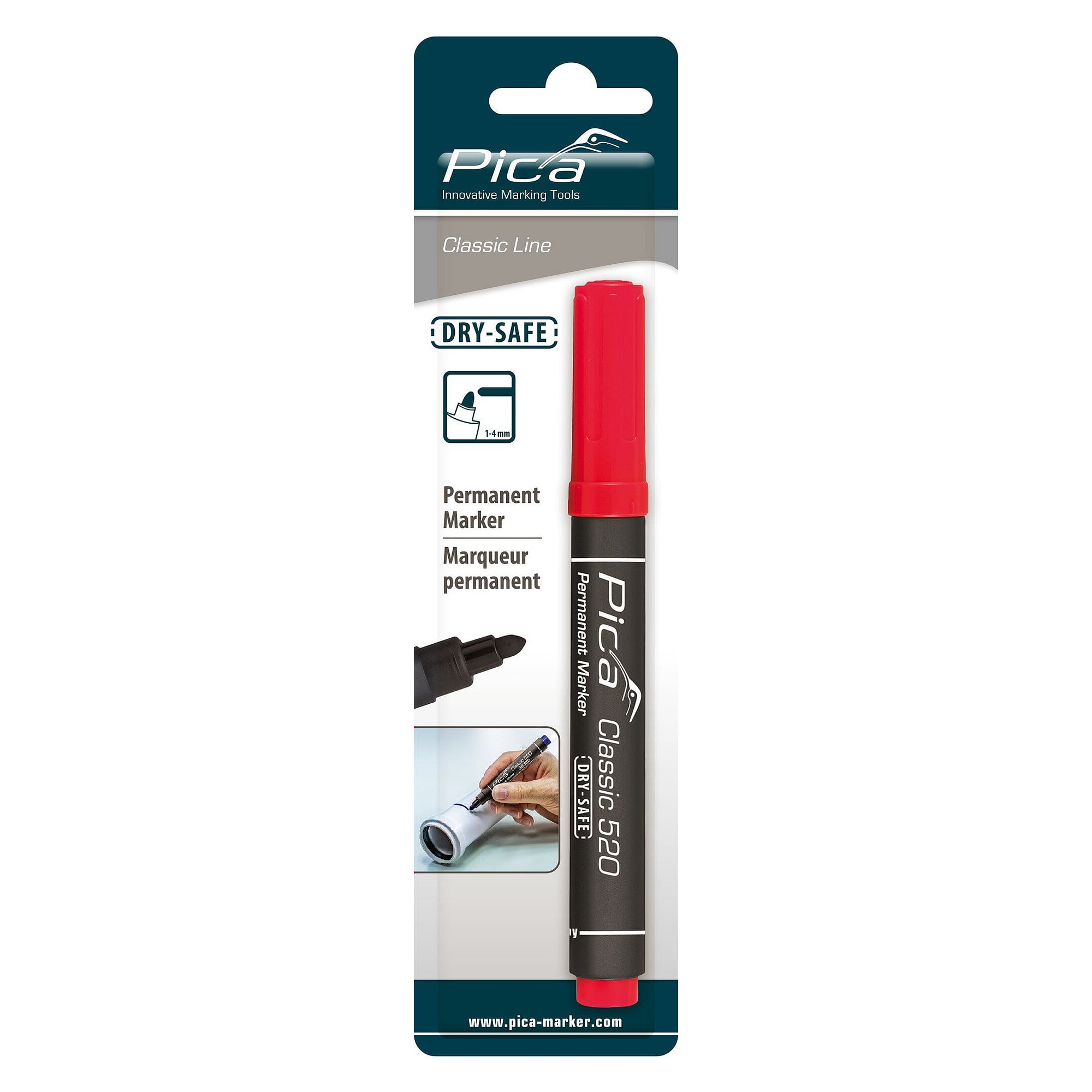 Permanentmarker mit Rundspitze, Strichbreite 1 bis 4 mm, rot, wasserfest, im Blister - Pica 520/40/SB