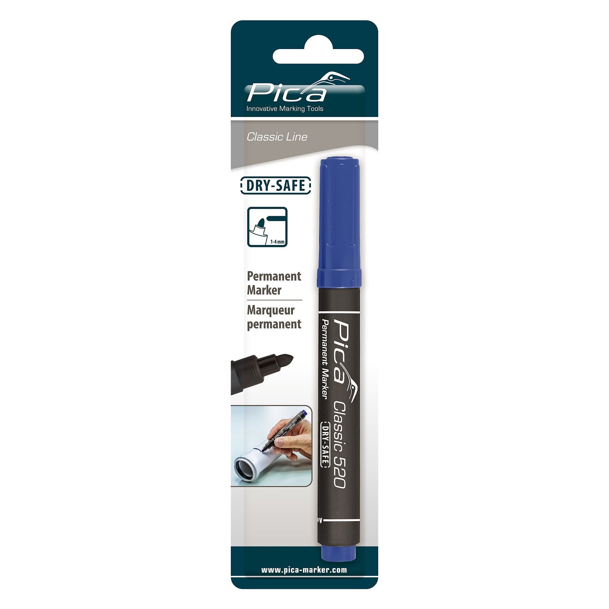 Permanent marker with bullet tip, line width 1 to 4 mm, blue, waterproof, blister pack - Pica 520/41/SB