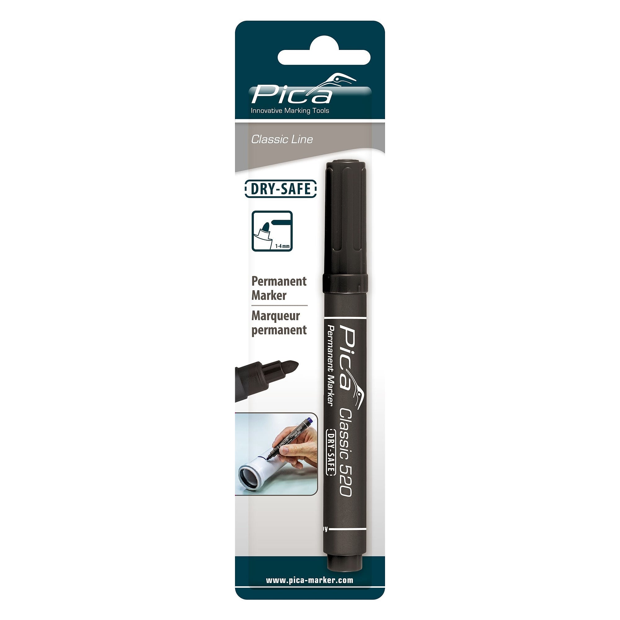 Permanentmarker mit Rundspitze, Strichbreite 1 bis 4 mm, schwarz, wasserfest, im Blister - Pica 520/46/SB