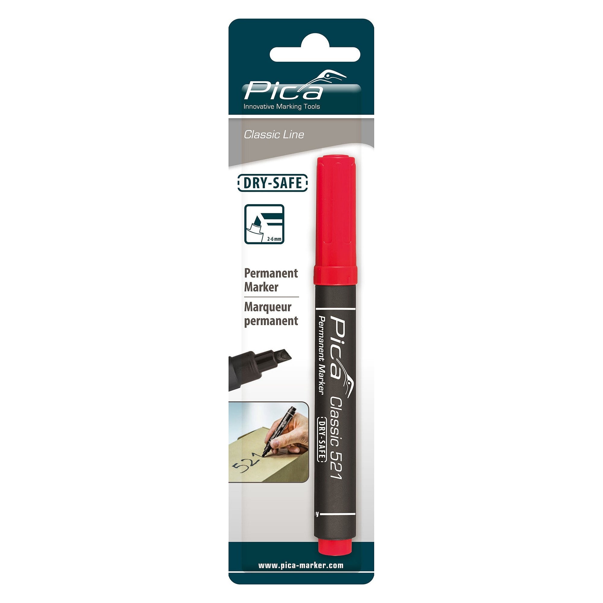 Permanentmarker mit Keilspitze, Strichbreite 2 bis 6 mm, rot, wasserfest, im Blister - Pica 521/40/SB