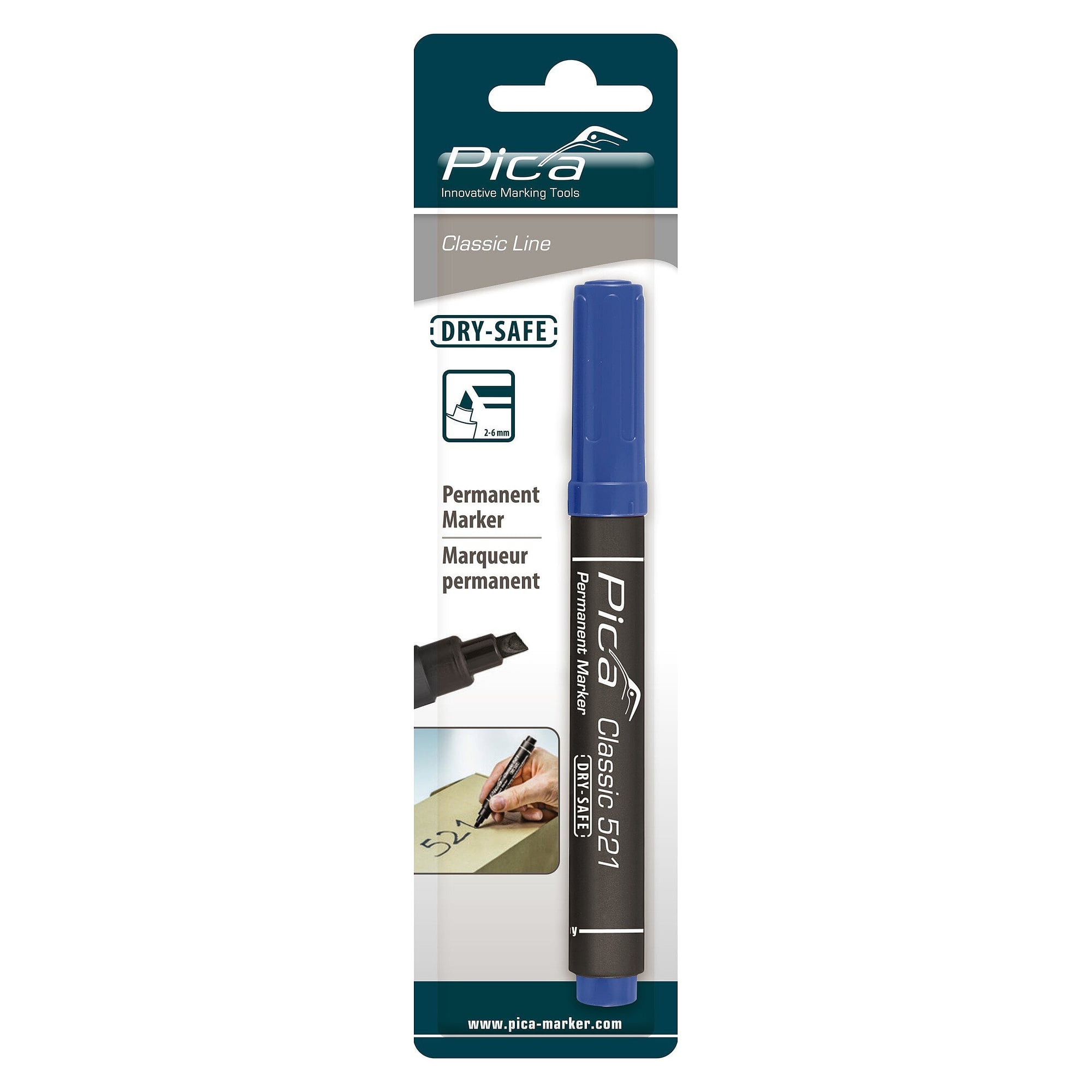 Permanent marker with chisel tip, line width 2 to 6 mm, blue, waterproof, blister pack - Pica 521/41/SB