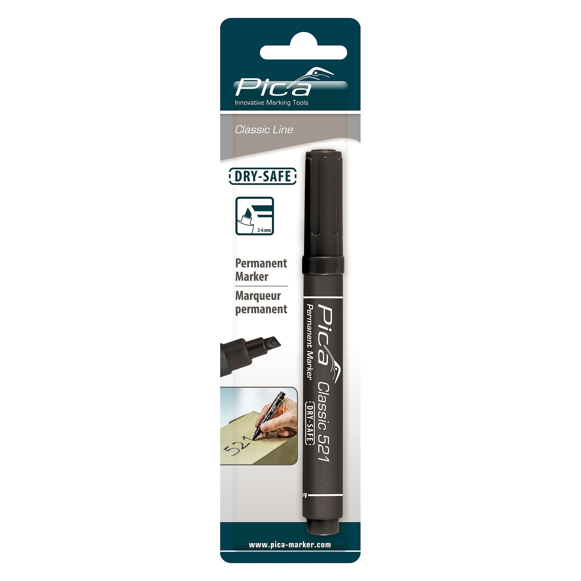 Permanentmarker mit Keilspitze, Strichbreite 2 bis 6 mm, schwarz, wasserfest, im Blister - Pica 521/46/SB
