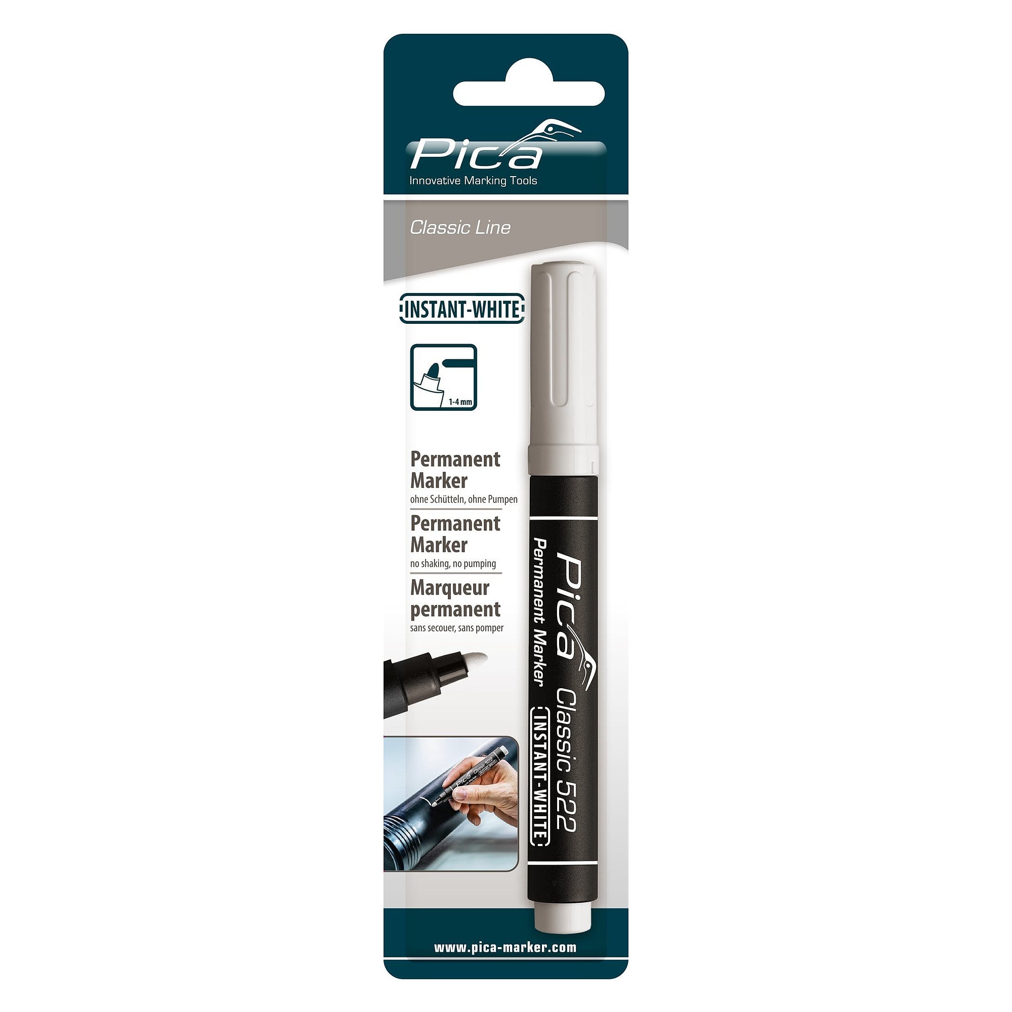 White permanent marker INSTANT WHITE with bullet tip 2 to 4 mm, no shaking or pumping, blister pack - Pica 522/52/SB