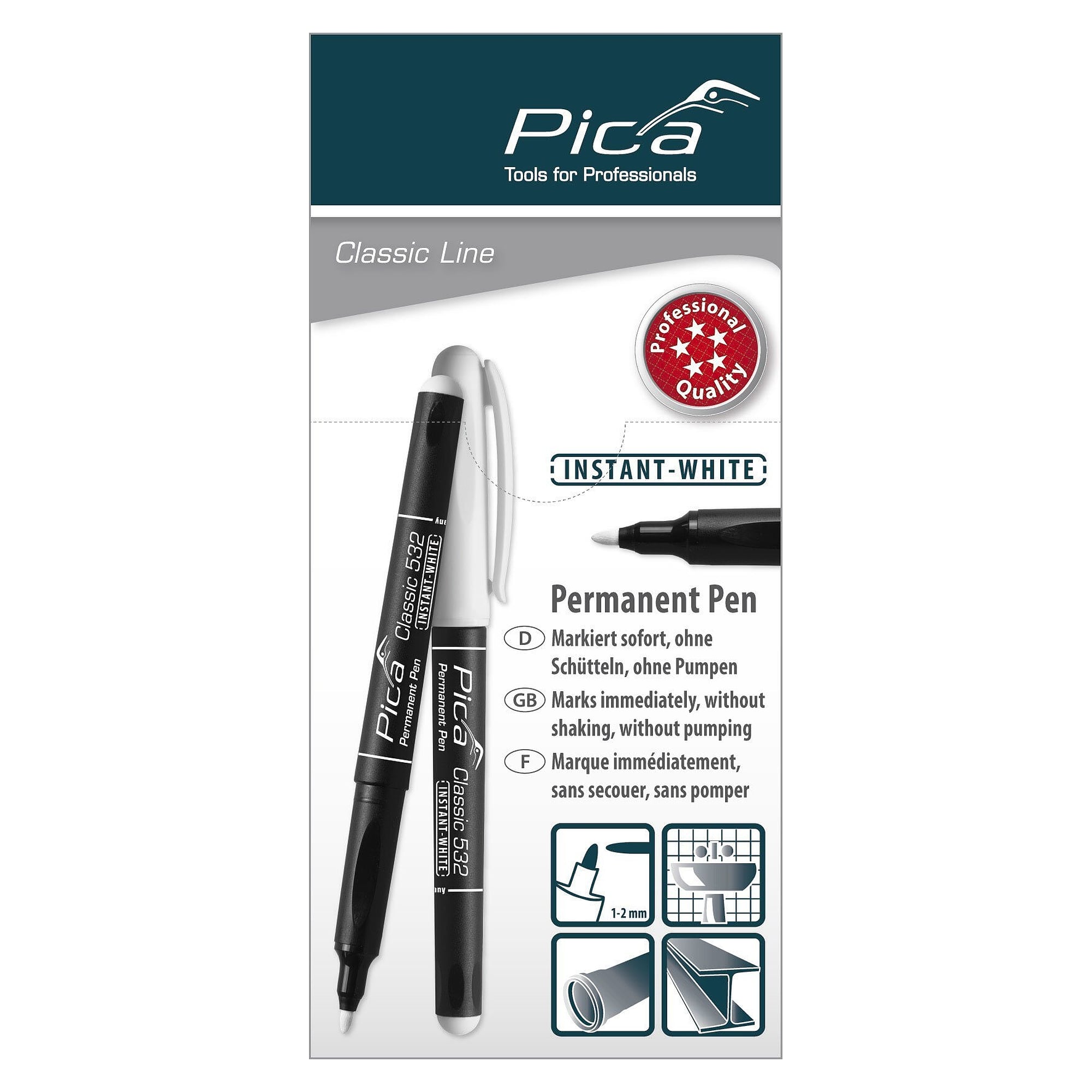 Weißer Permanent-Pen INSTANT WHITE mit feiner Rundspitze 1 bis 2 mm, ohne Schütteln und Pumpen - Pica 532/52
