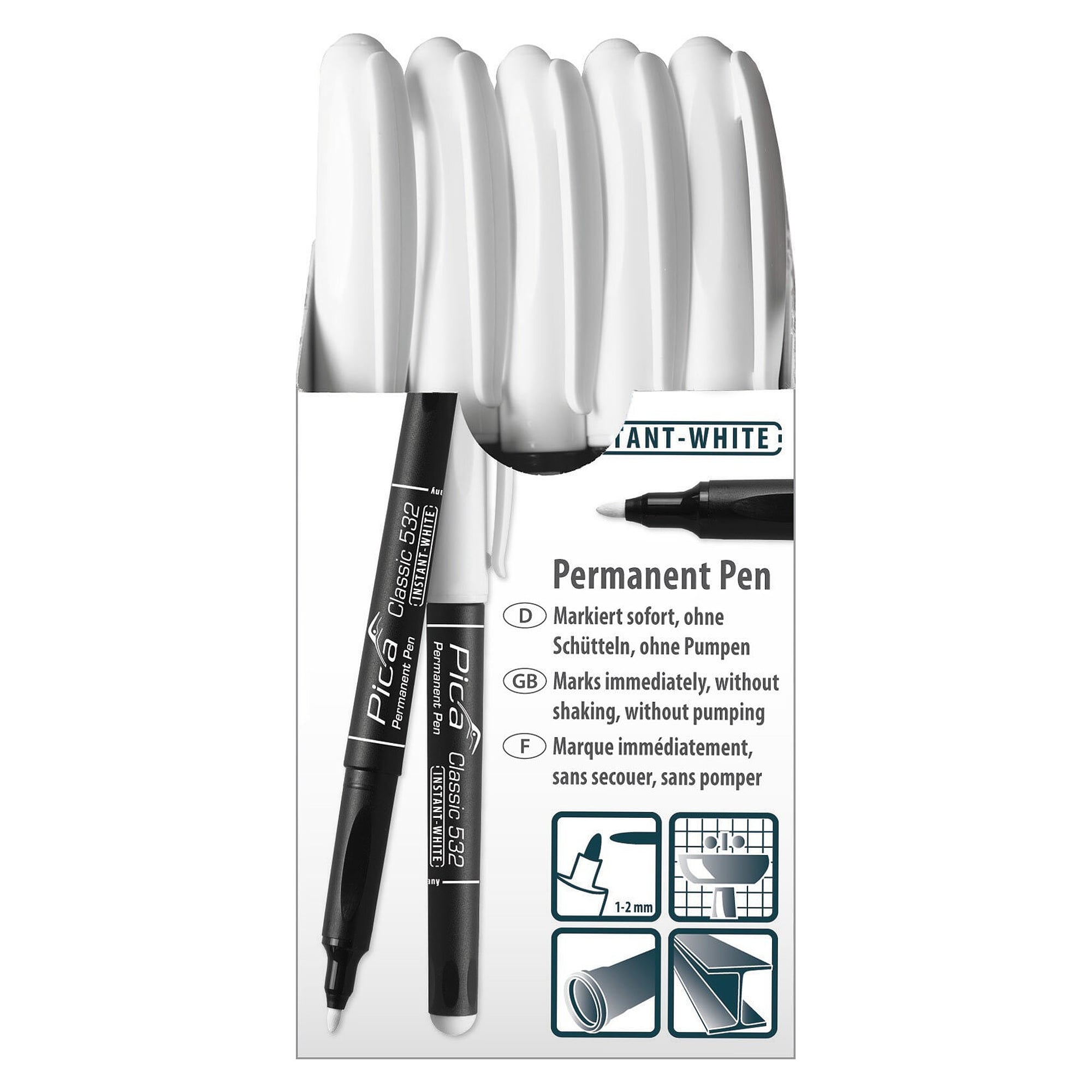 Weißer Permanent-Pen INSTANT WHITE mit feiner Rundspitze 1 bis 2 mm, ohne Schütteln und Pumpen - Pica 532/52