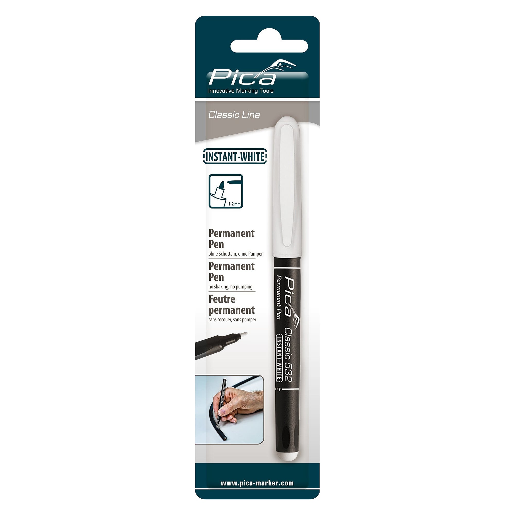 Weißer Permanent-Pen INSTANT WHITE mit feiner Rundspitze 1 bis 2 mm, ohne Schütteln und Pumpen, im Blister - Pica 532/52/SB
